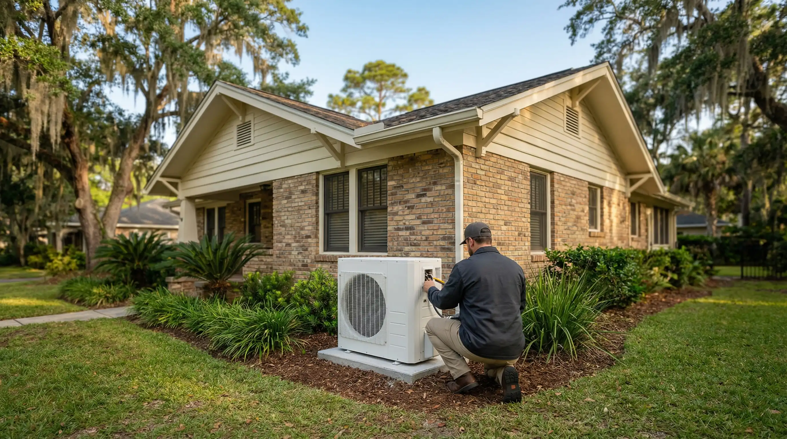HVAC technician inspecting a newly installed air conditioning unit outside a Pensacola craftsman home on a sunny Florida morning