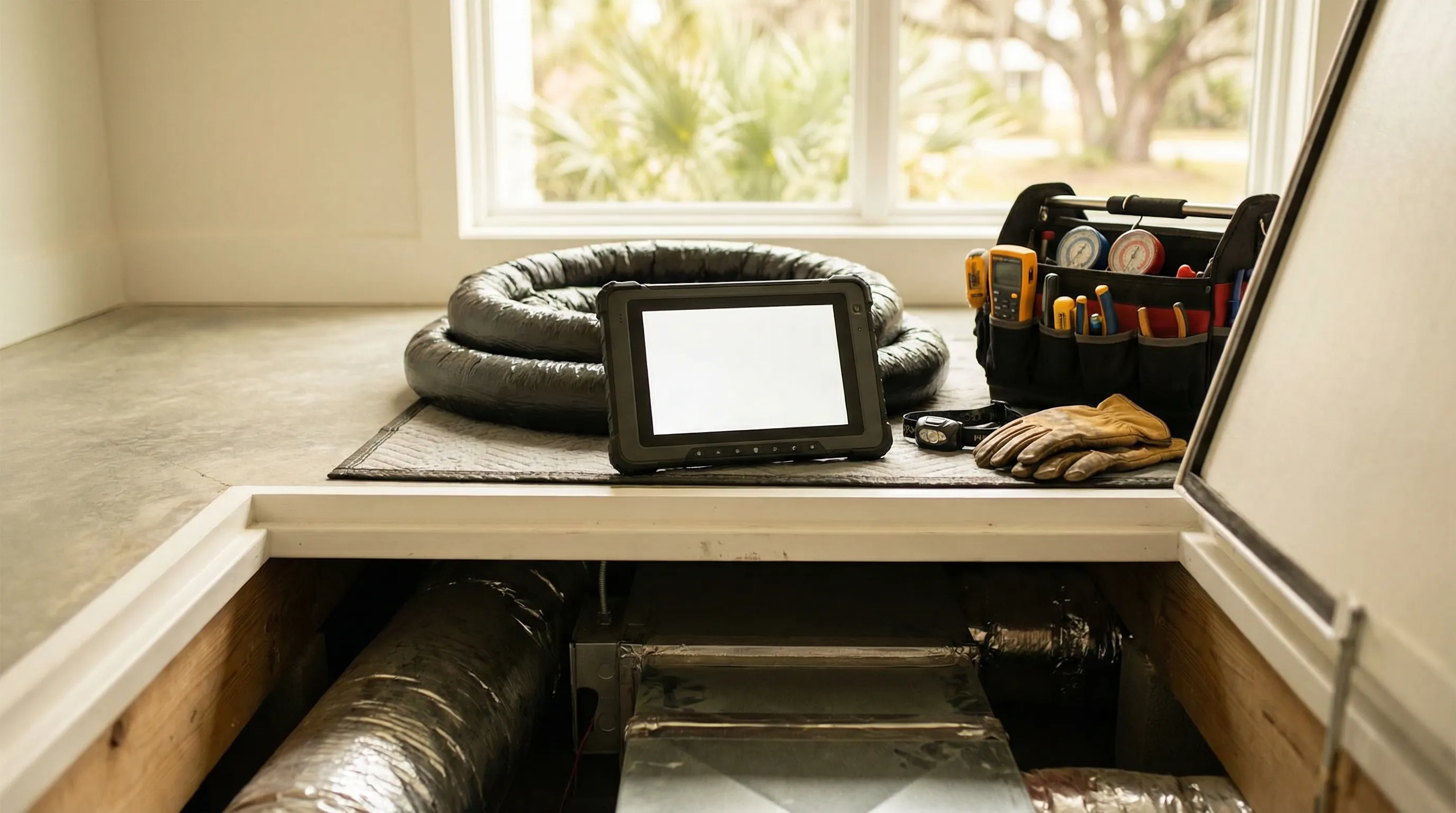 HVAC technician inspecting a newly installed air conditioning unit outside a Pensacola craftsman home on a sunny Florida morning