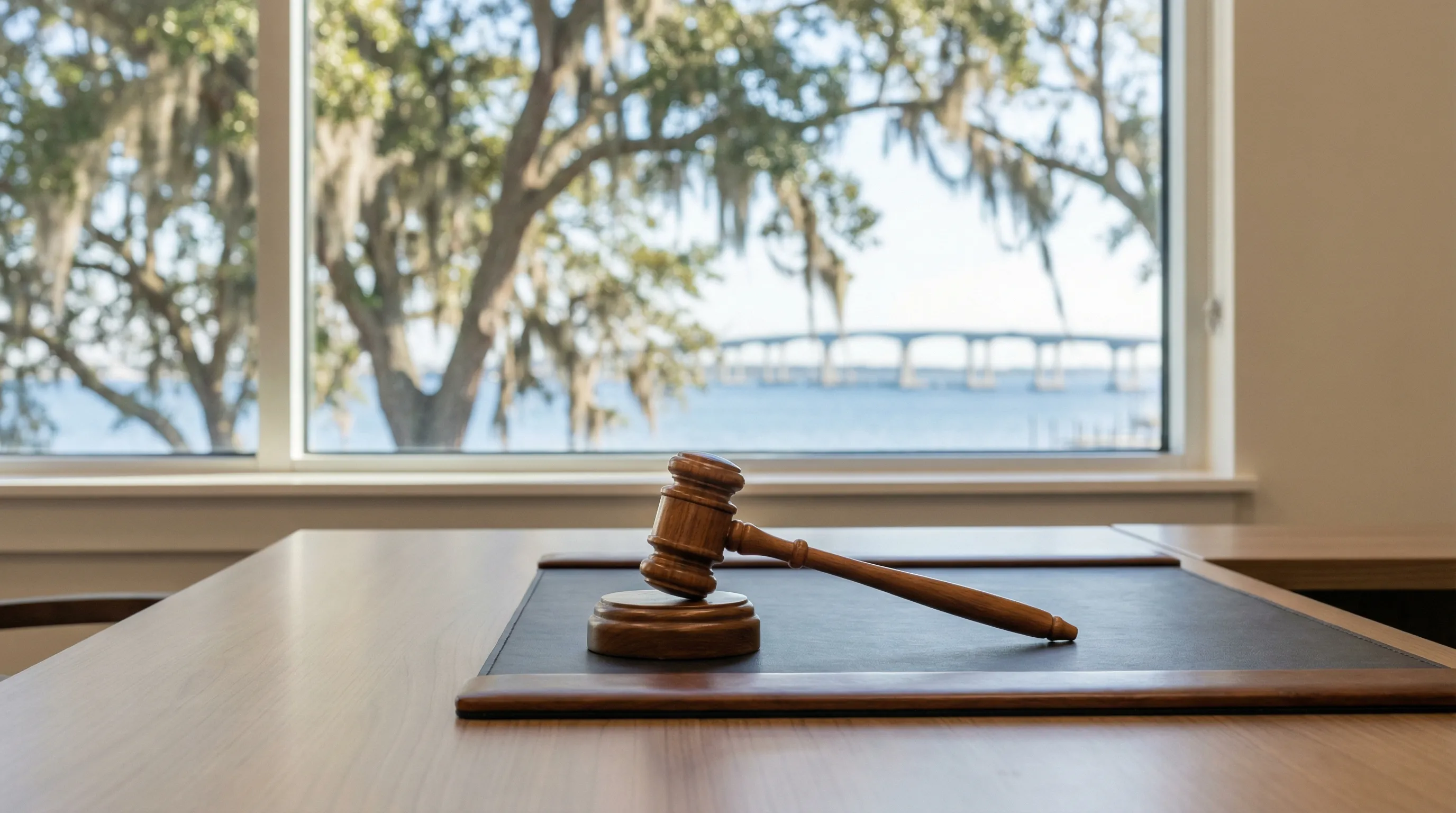 Professional personal injury law office interior in Pensacola FL with attorney meeting client at conference table in a trusted professional setting