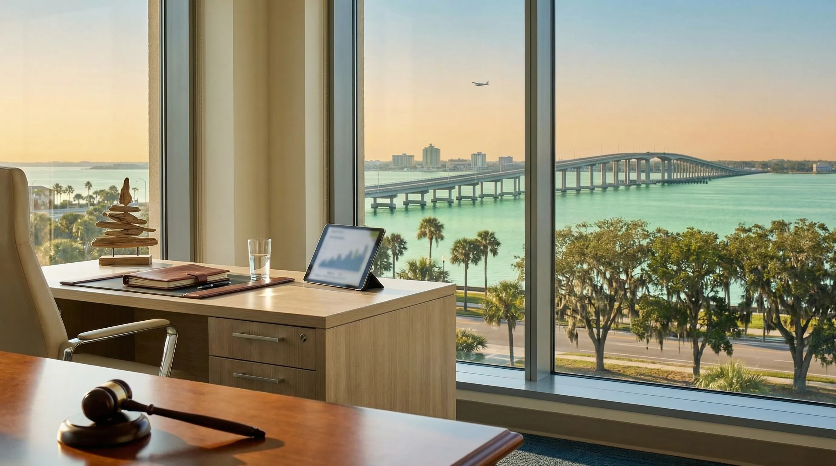 Professional personal injury law office interior in Pensacola FL with attorney meeting client at conference table in a trusted professional setting