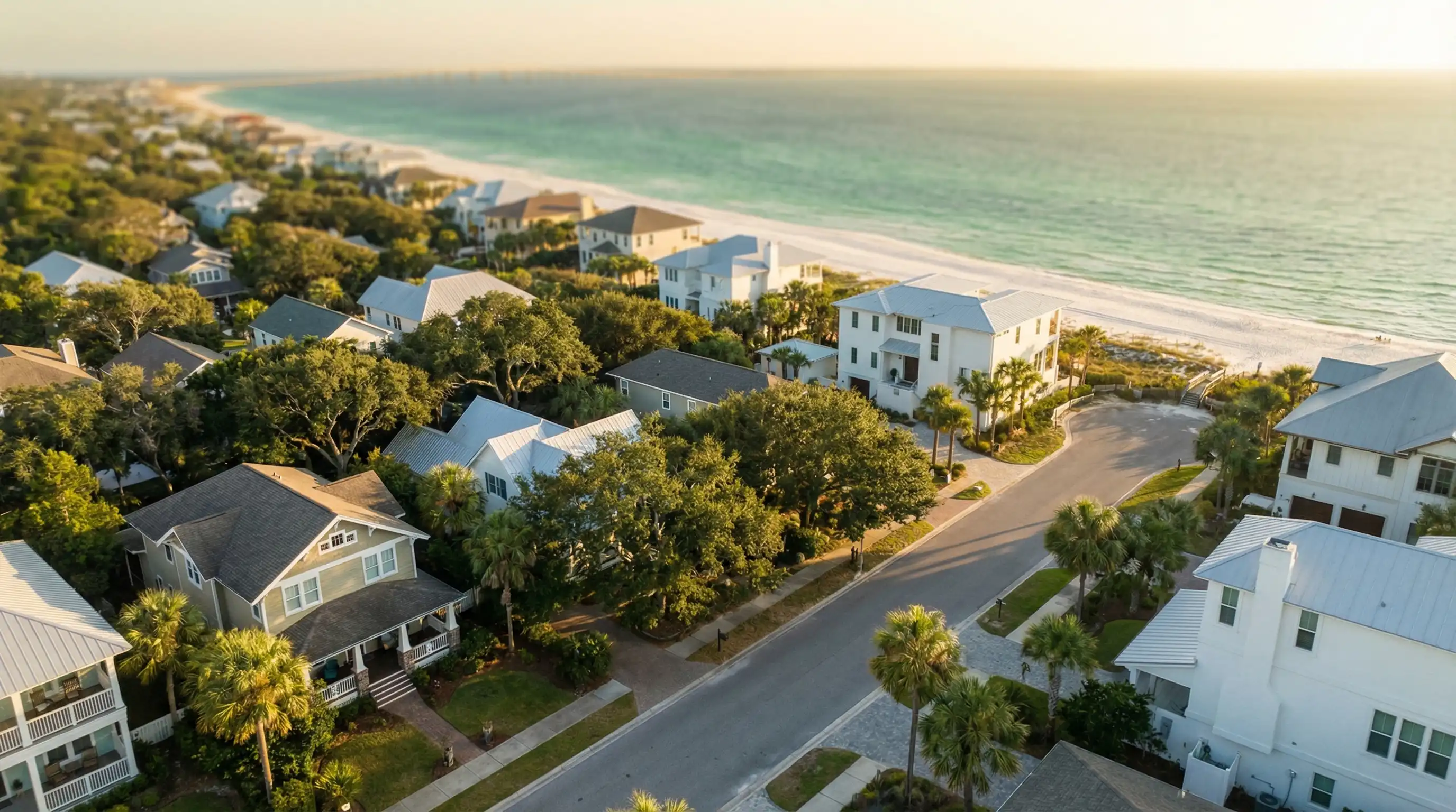Real estate agent showing a modern Pensacola FL coastal home to a couple with the Gulf of Mexico visible in the background on a sunny Florida day