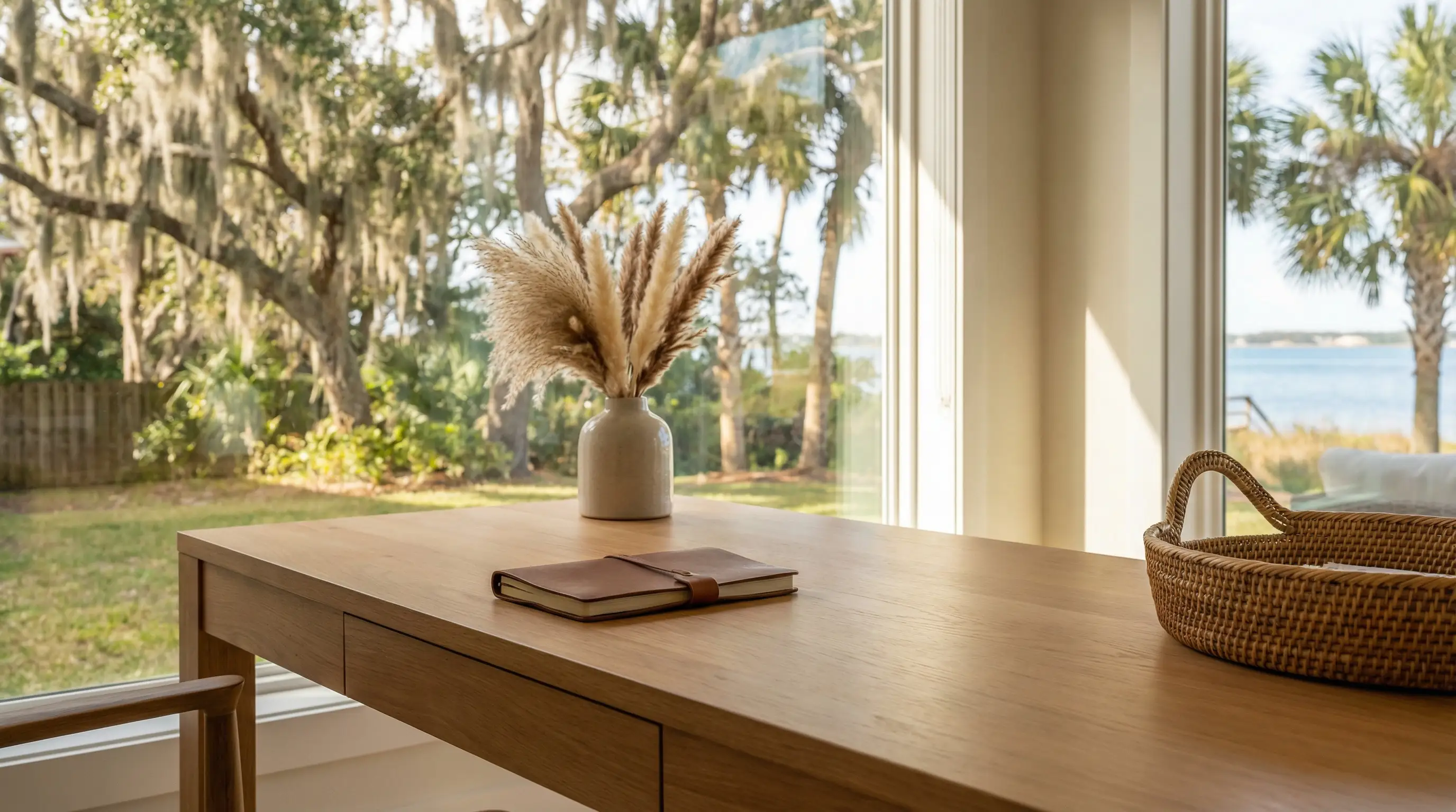 Real estate agent showing a modern Pensacola FL coastal home to a couple with the Gulf of Mexico visible in the background on a sunny Florida day