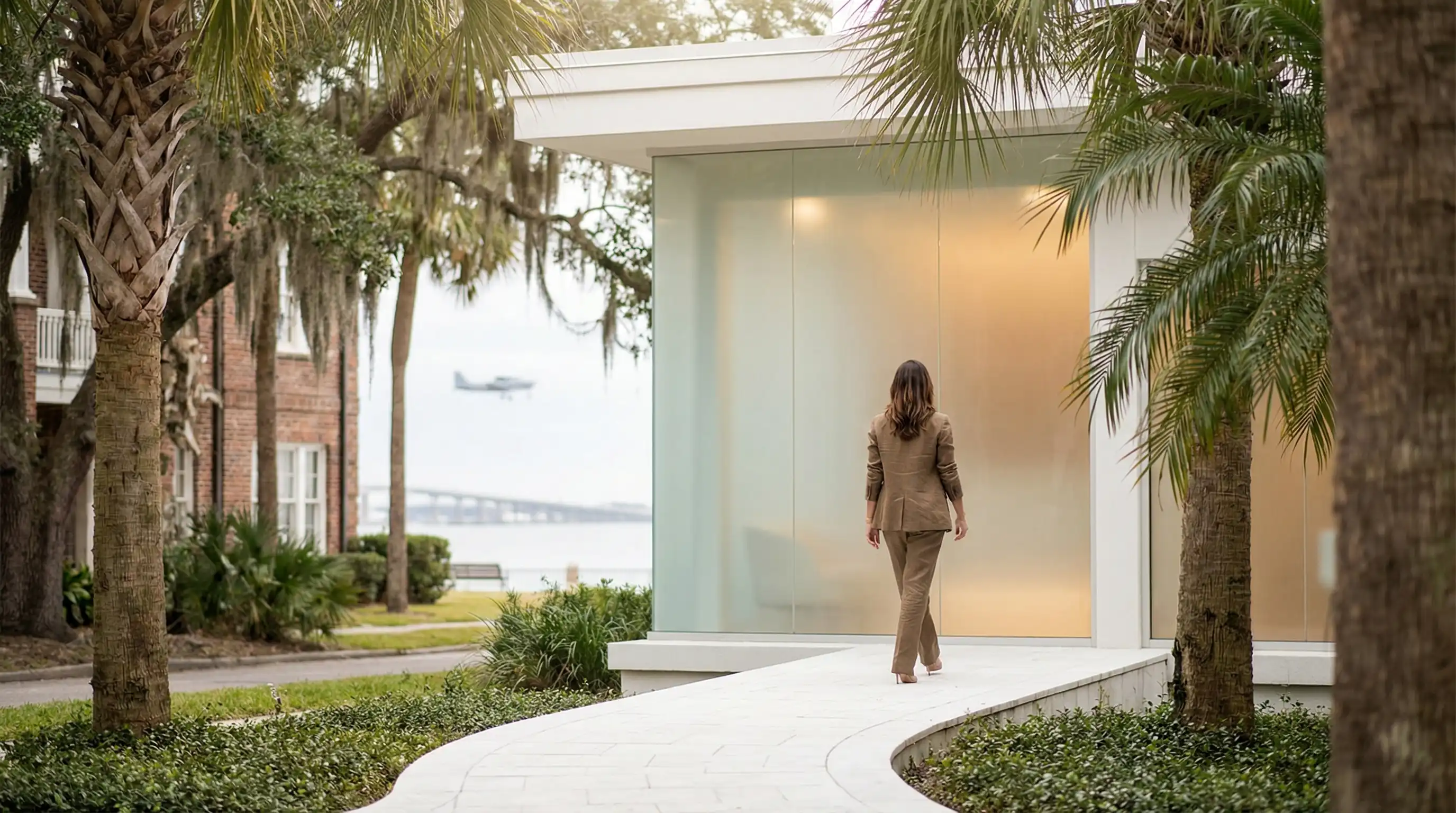 Modern MedSpa treatment room interior in Pensacola FL with a licensed aesthetician consulting with a client in a clean clinical setting with warm spa lighting