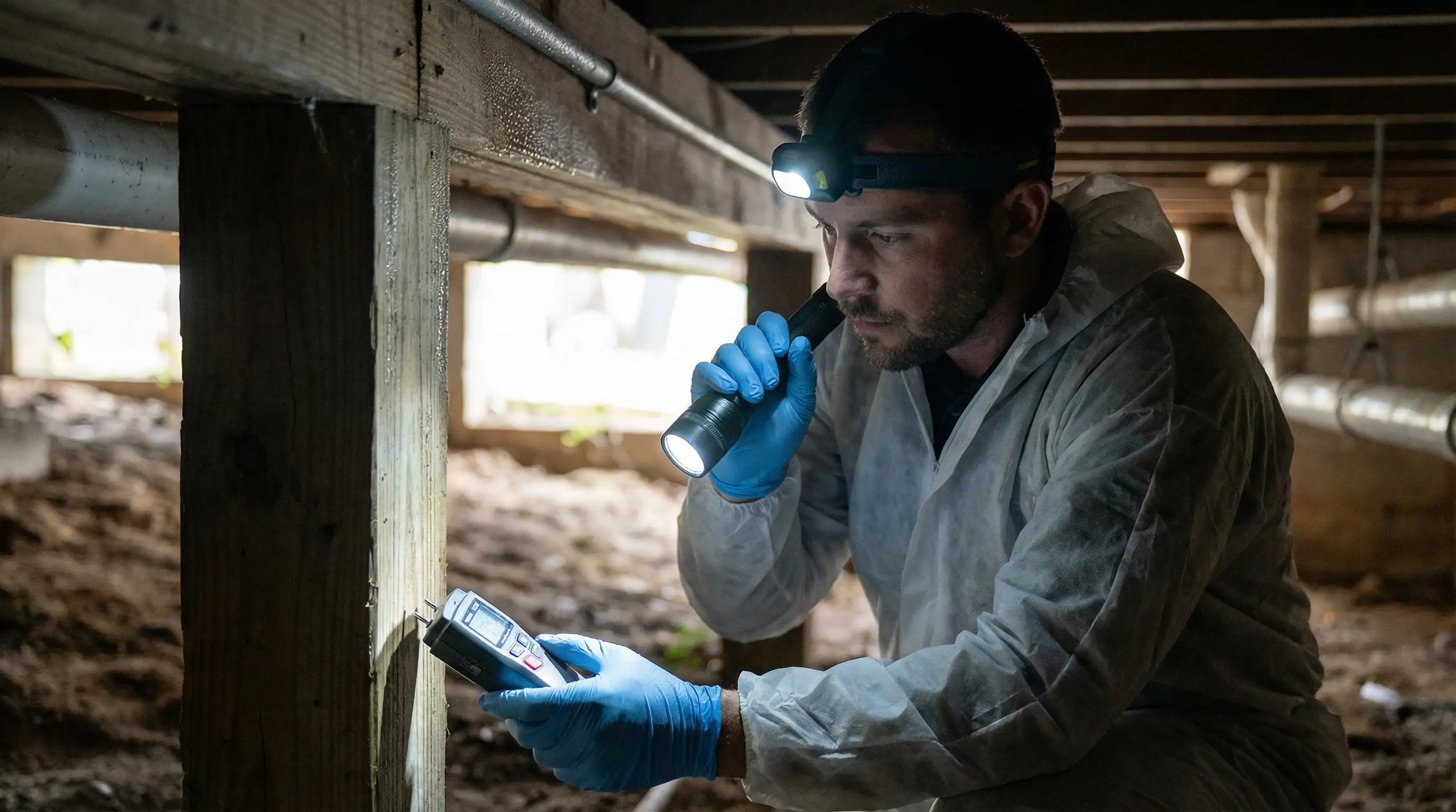Professional pest control technician in uniform inspecting a Pensacola FL home foundation perimeter on a sunny morning with a company branded truck in the driveway