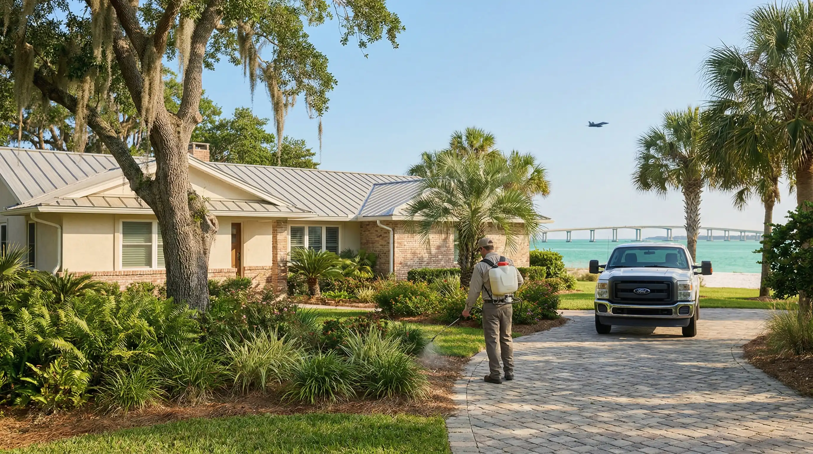 Professional pest control technician in uniform inspecting a Pensacola FL home foundation perimeter on a sunny morning with a company branded truck in the driveway