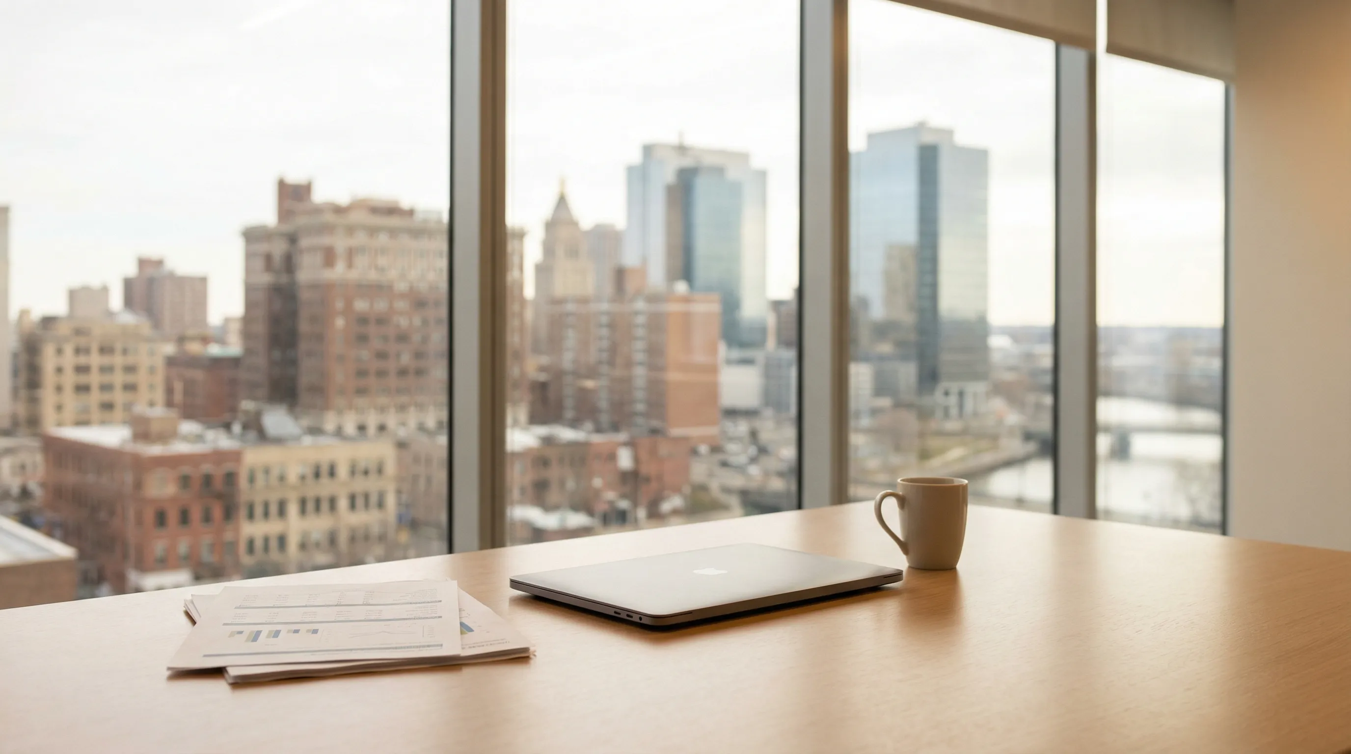 Financial advisor consultation with a client at a professional office in downtown Newark, NJ near the Prudential Financial headquarters corridor