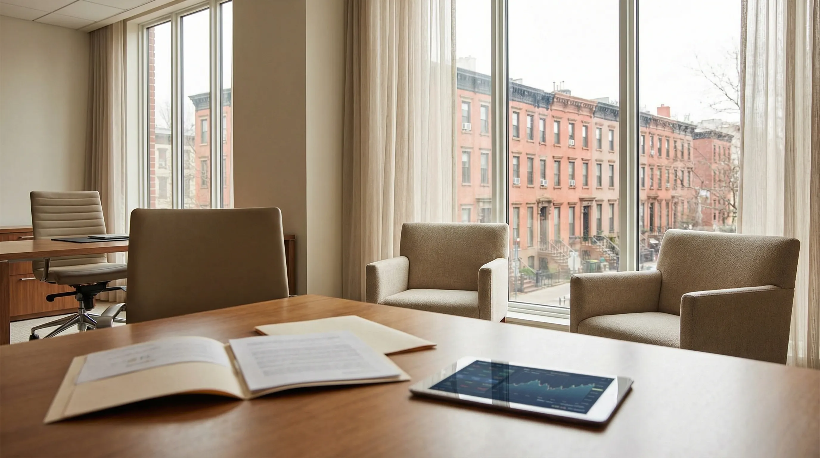 Financial advisor consultation with a client at a professional office in downtown Newark, NJ near the Prudential Financial headquarters corridor