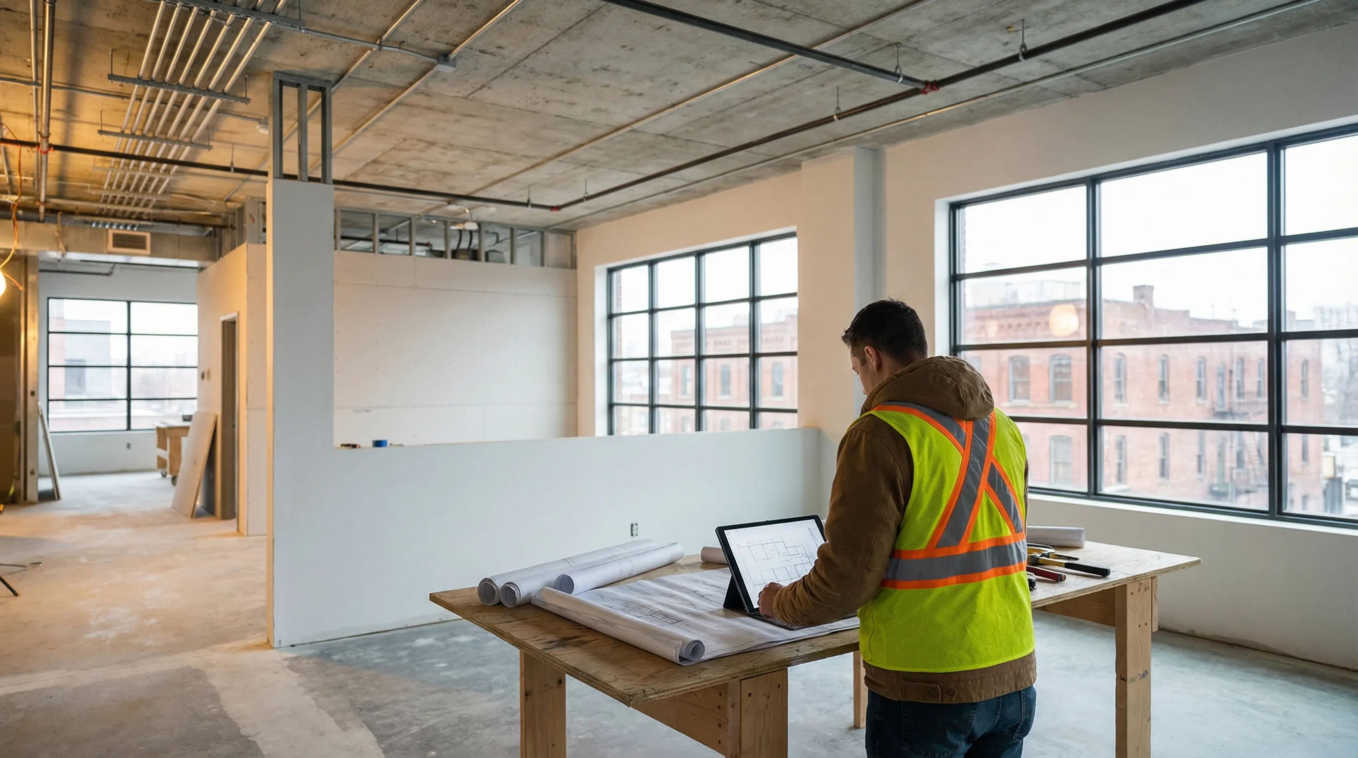 Professional contractor reviewing renovation plans at an active Newark NJ construction site