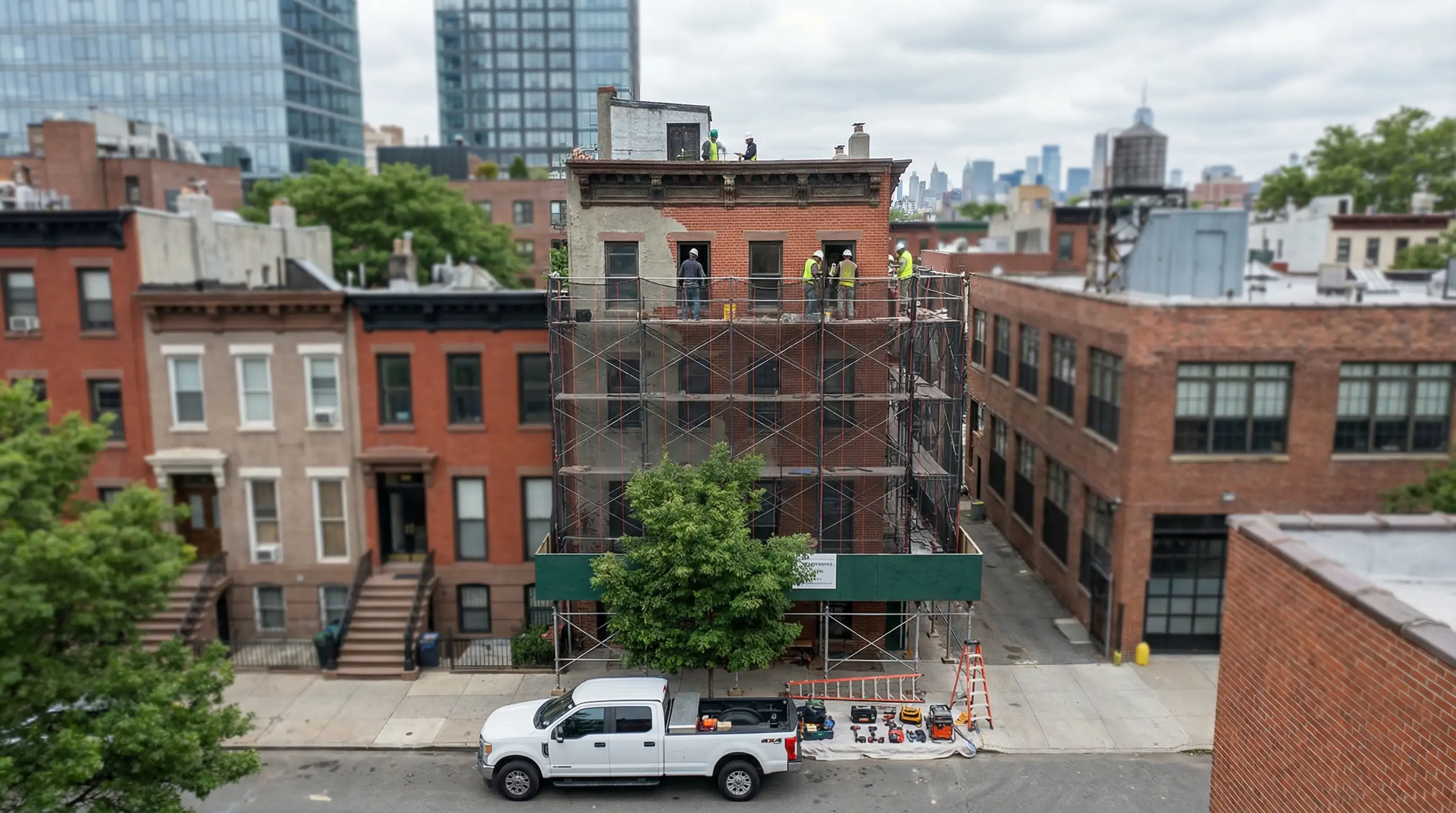 Professional contractor reviewing renovation plans at an active Newark NJ construction site