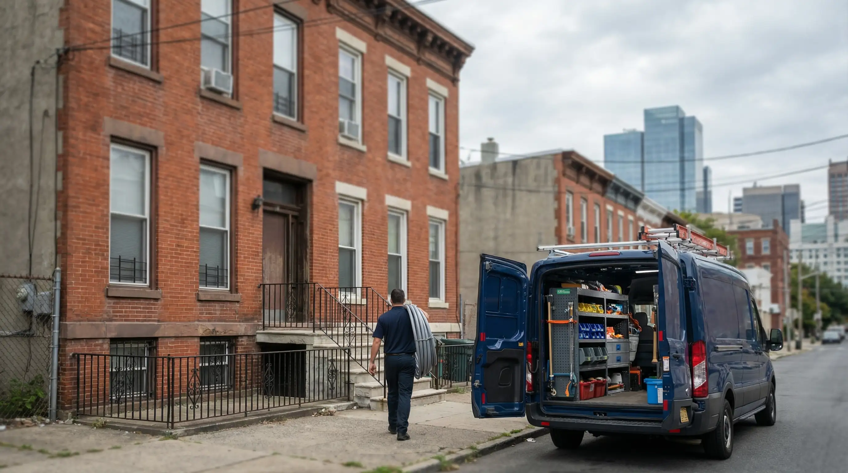 Licensed master plumber performing pipe inspection in a Newark NJ residential building