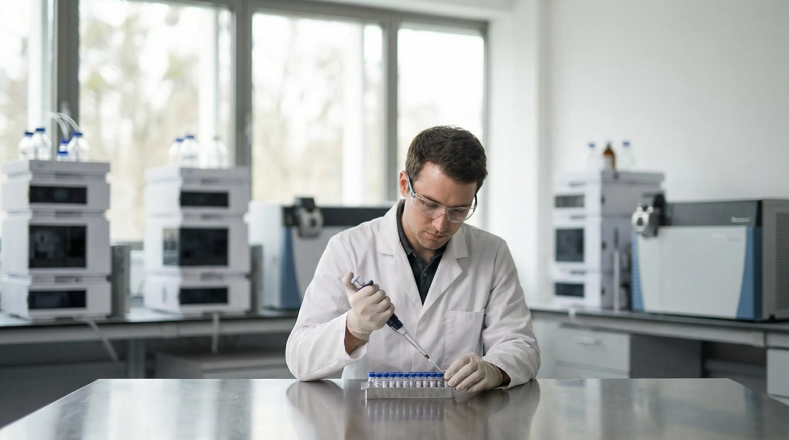 Life sciences researcher working in a GMP-compliant analytical laboratory in Newark, NJ