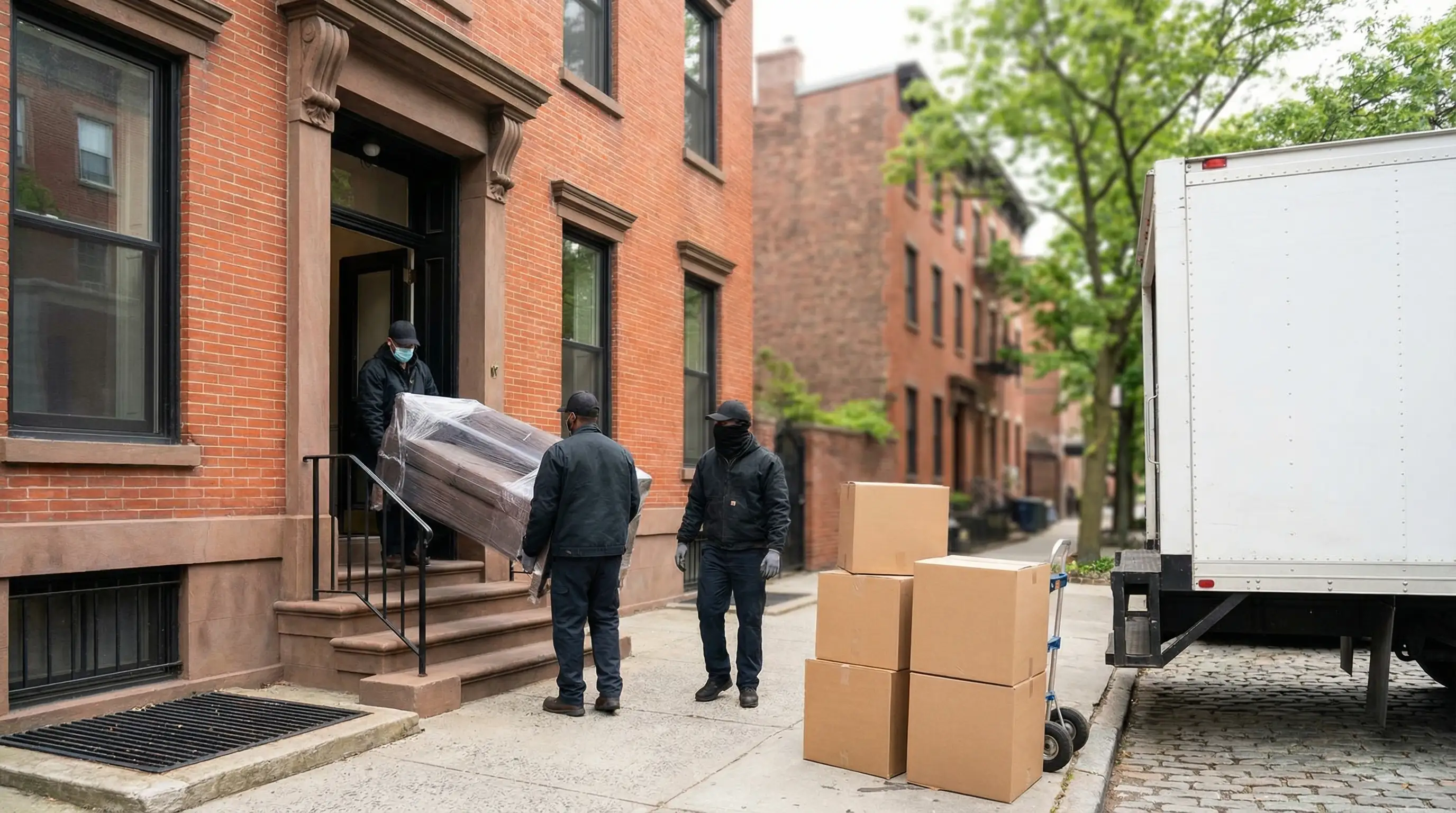 Professional moving crew carrying furniture outside a Jersey City mid-rise building, branded uniforms, urban street context visible