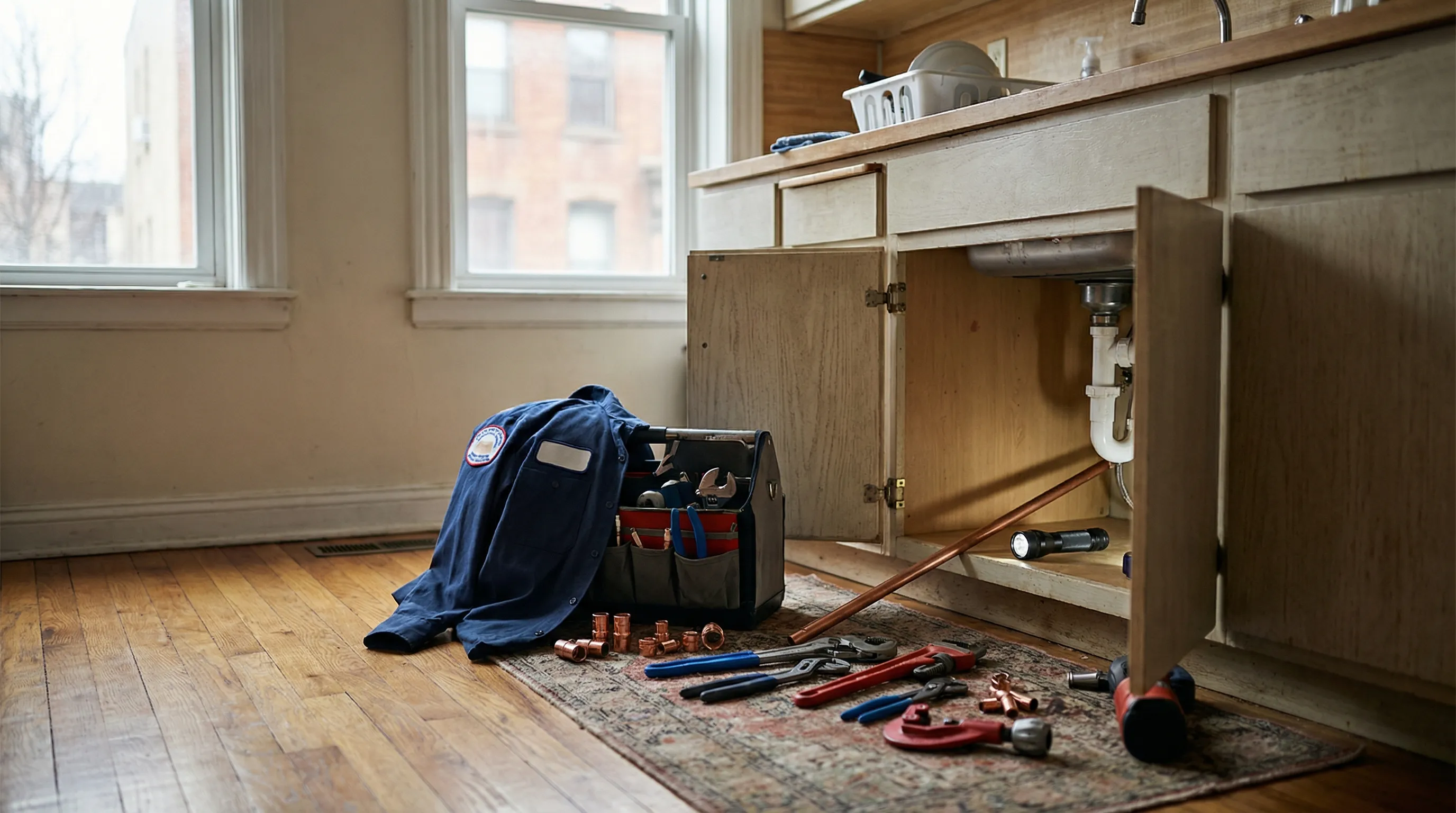 Licensed plumber in branded uniform working on a water heater in a Jersey City apartment, professional tools organized nearby, clean residential interior