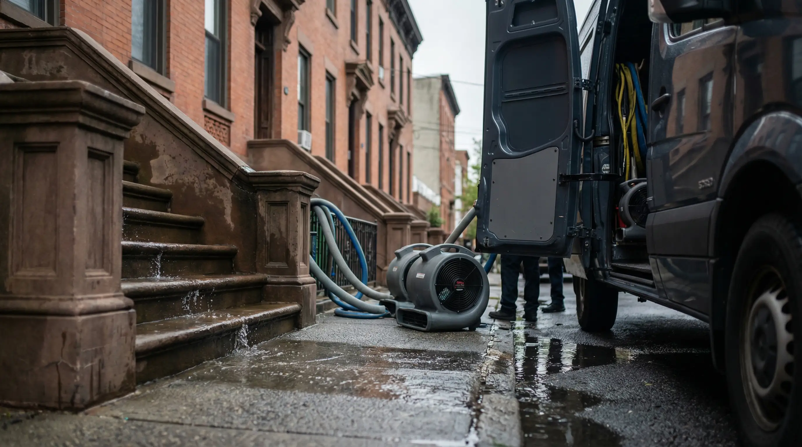 Water damage restoration crew with industrial drying equipment and dehumidifiers working in a Jersey City rowhouse basement, professional PPE and branded uniforms