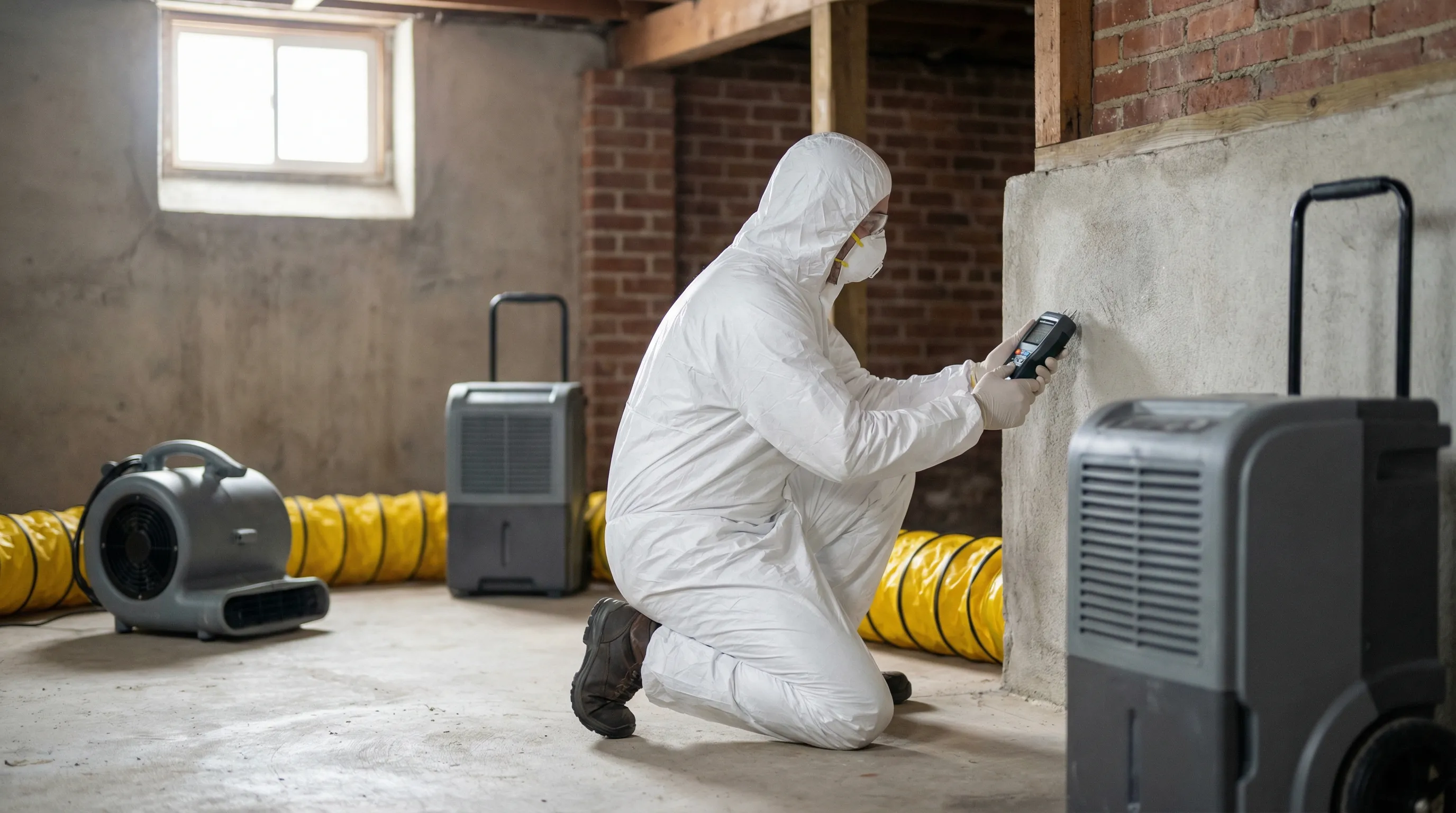 Water damage restoration crew with industrial drying equipment and dehumidifiers working in a Jersey City rowhouse basement, professional PPE and branded uniforms