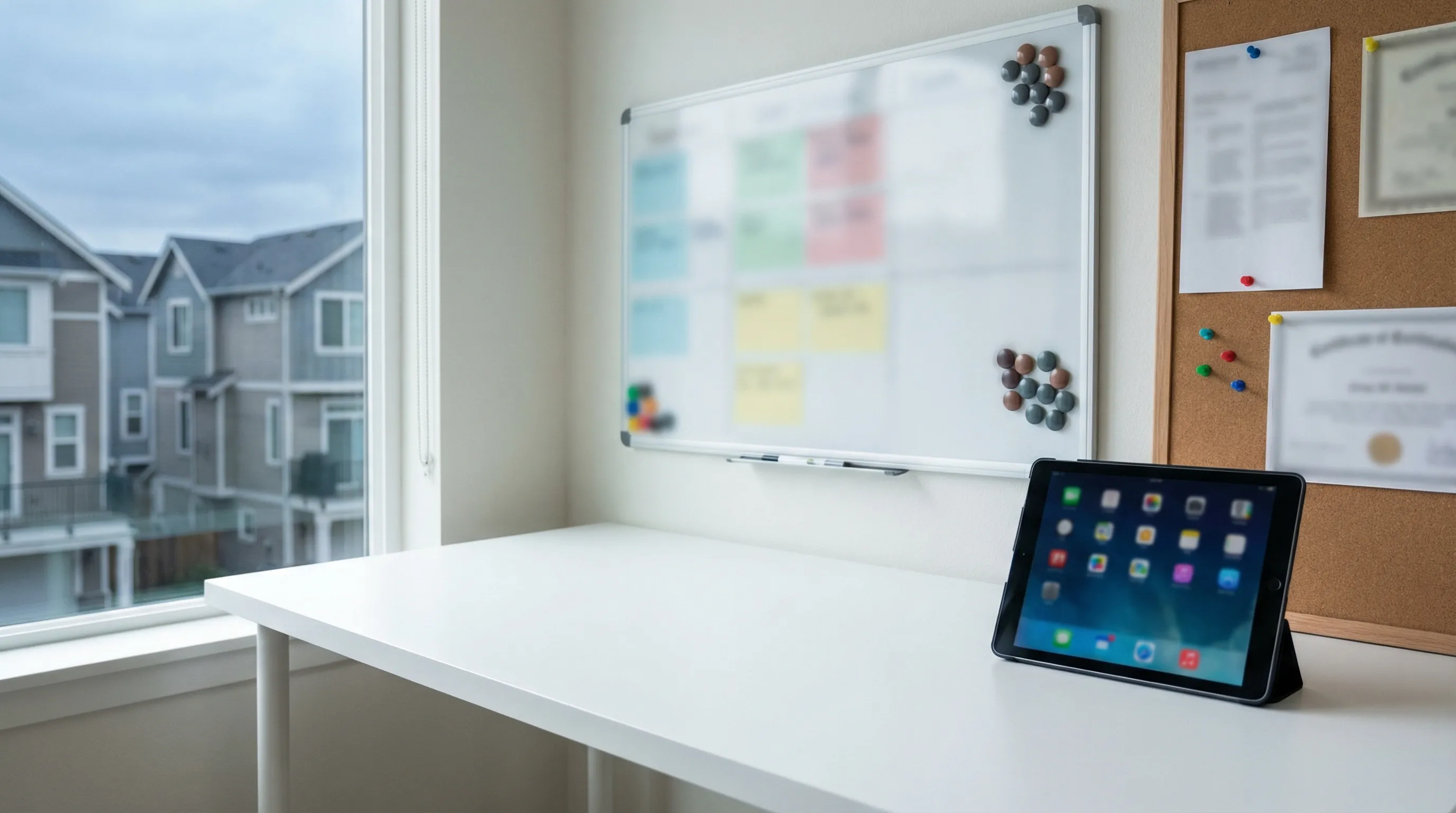 HVAC technician servicing a mini-split unit in a brick Arlington, VA condominium with Northern Virginia rooftops visible outside