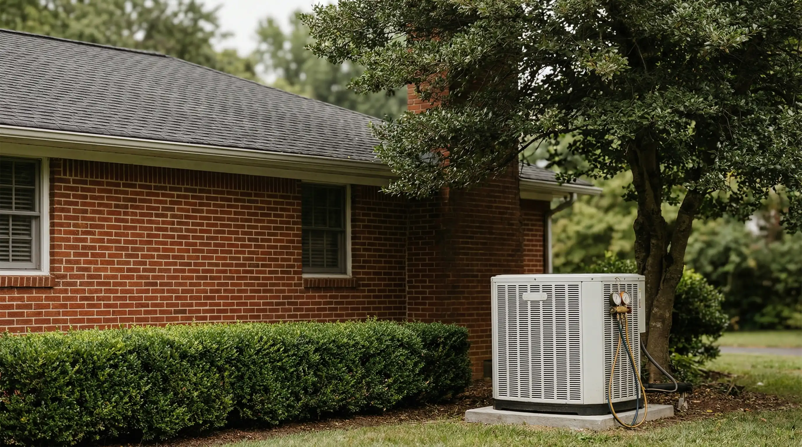 HVAC technician servicing a mini-split unit in a brick Arlington, VA condominium with Northern Virginia rooftops visible outside