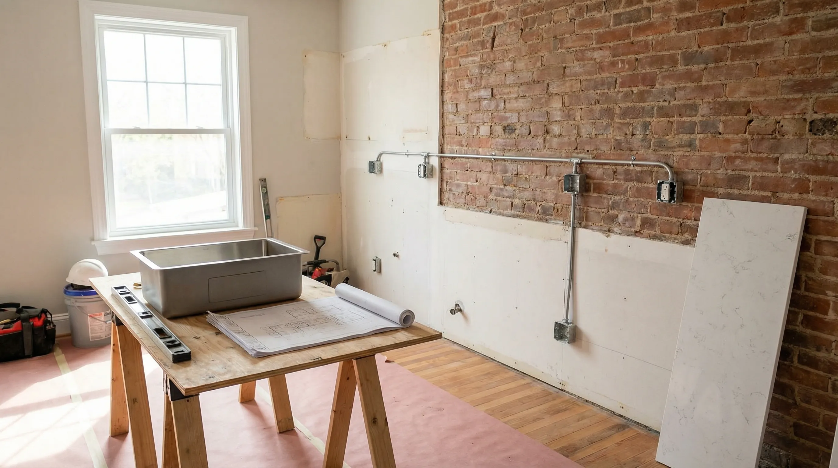 Renovated 1950s Arlington, VA kitchen with white Shaker cabinets, quartz countertops, and refinished hardwood floors