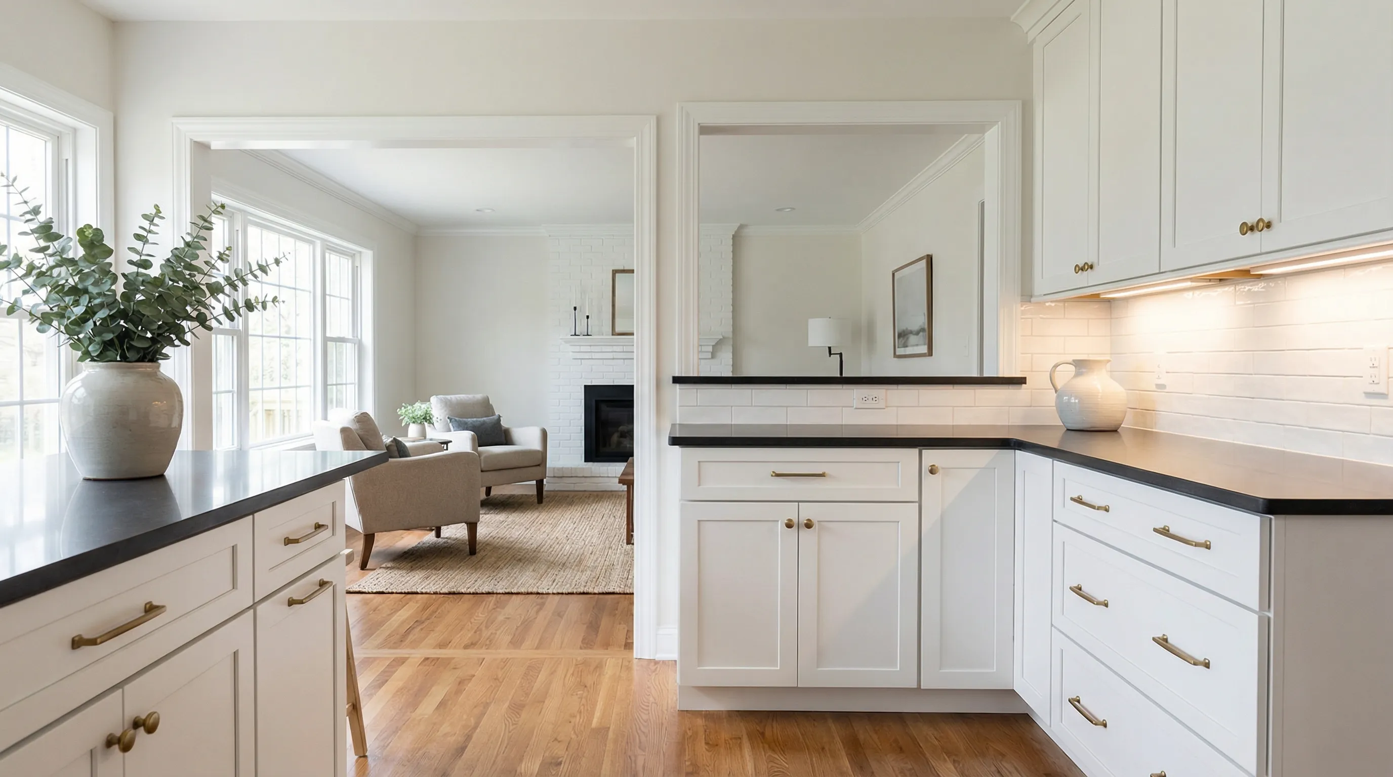 Renovated 1950s Arlington, VA kitchen with white Shaker cabinets, quartz countertops, and refinished hardwood floors