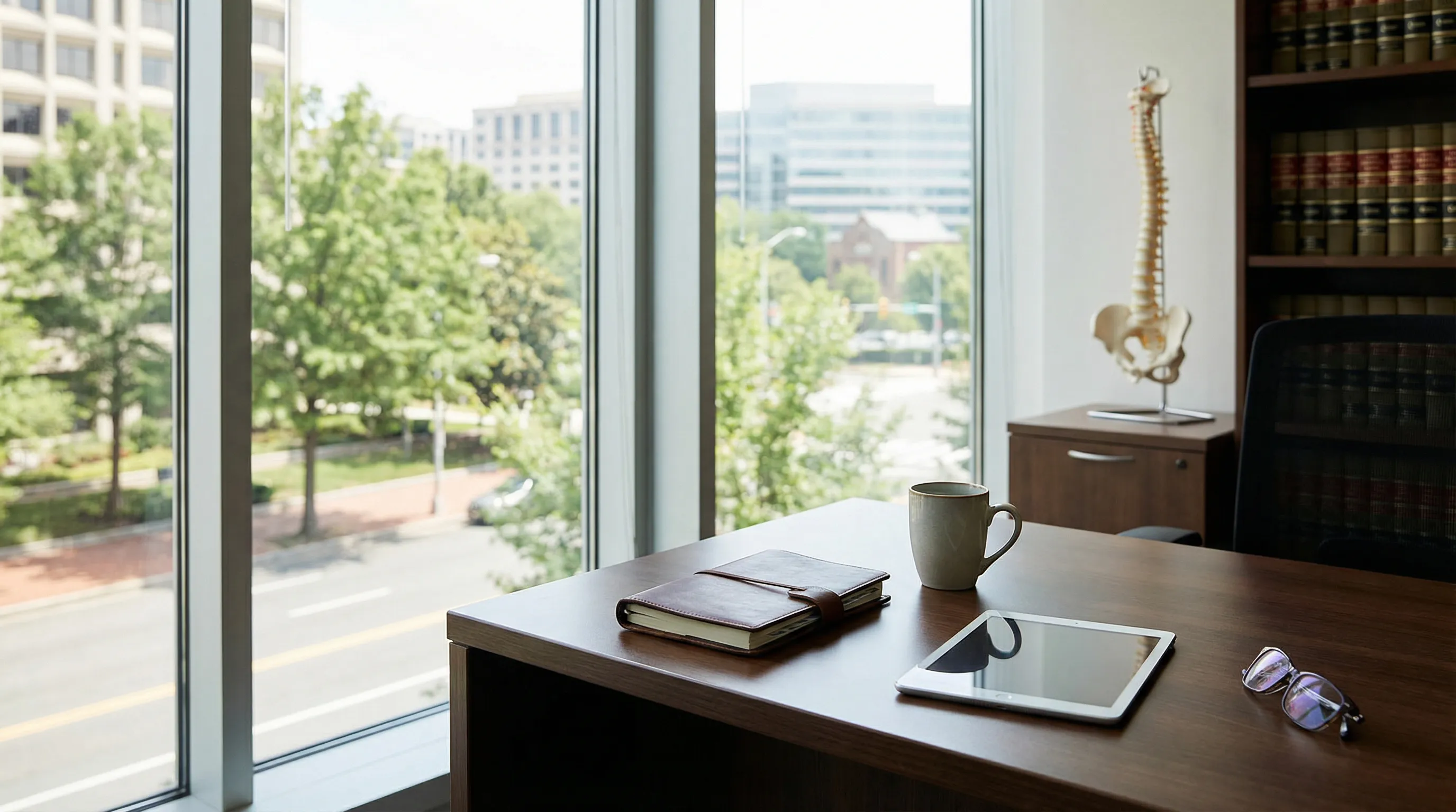 Professional Northern Virginia law office reception area with American and Virginia state flags and polished walnut furnishings in Arlington, VA