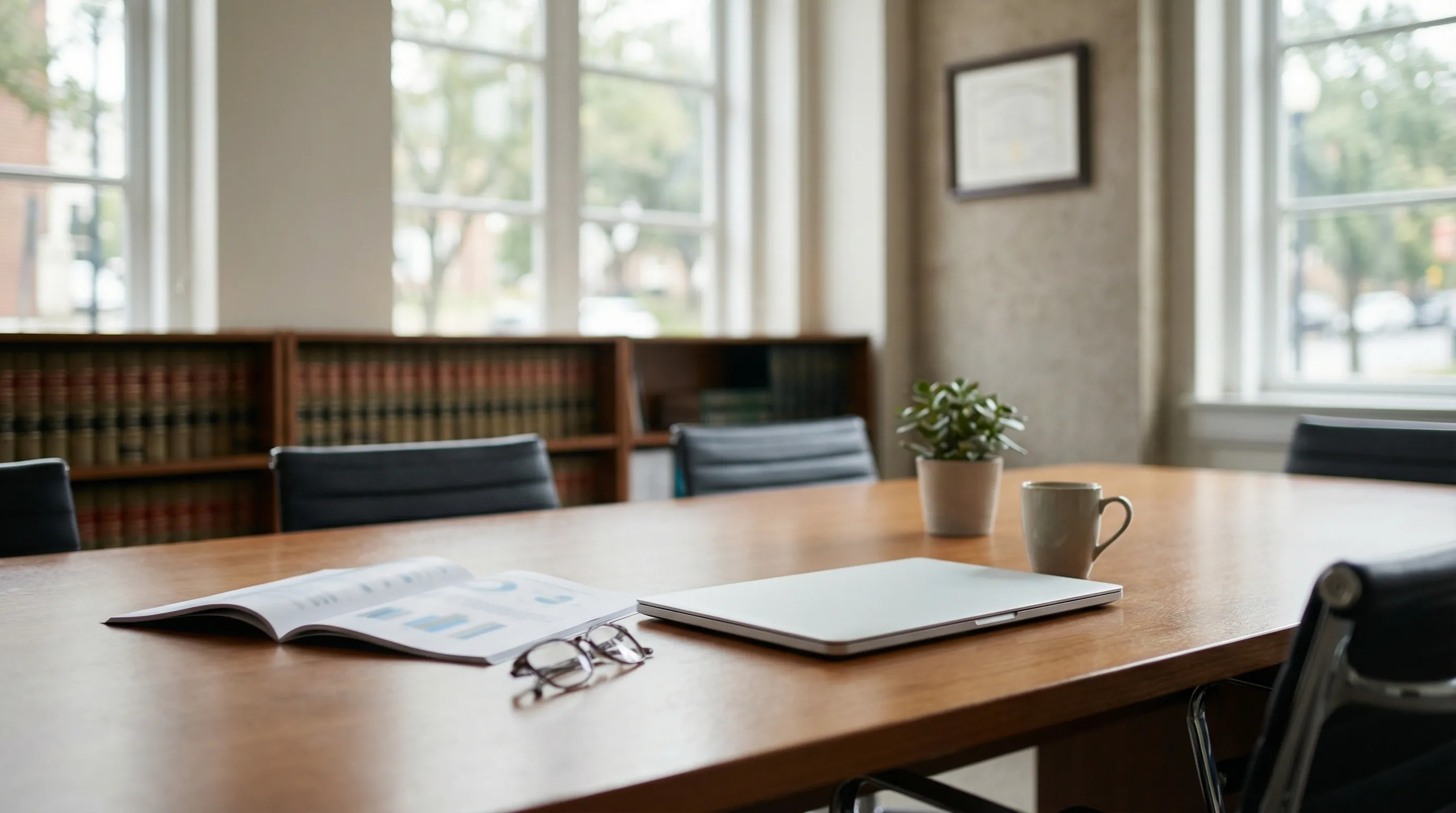 Professional financial advisor's office in Arlington, VA with a FERS retirement projection worksheet and laptop showing a TSP allocation chart on a polished conference table
