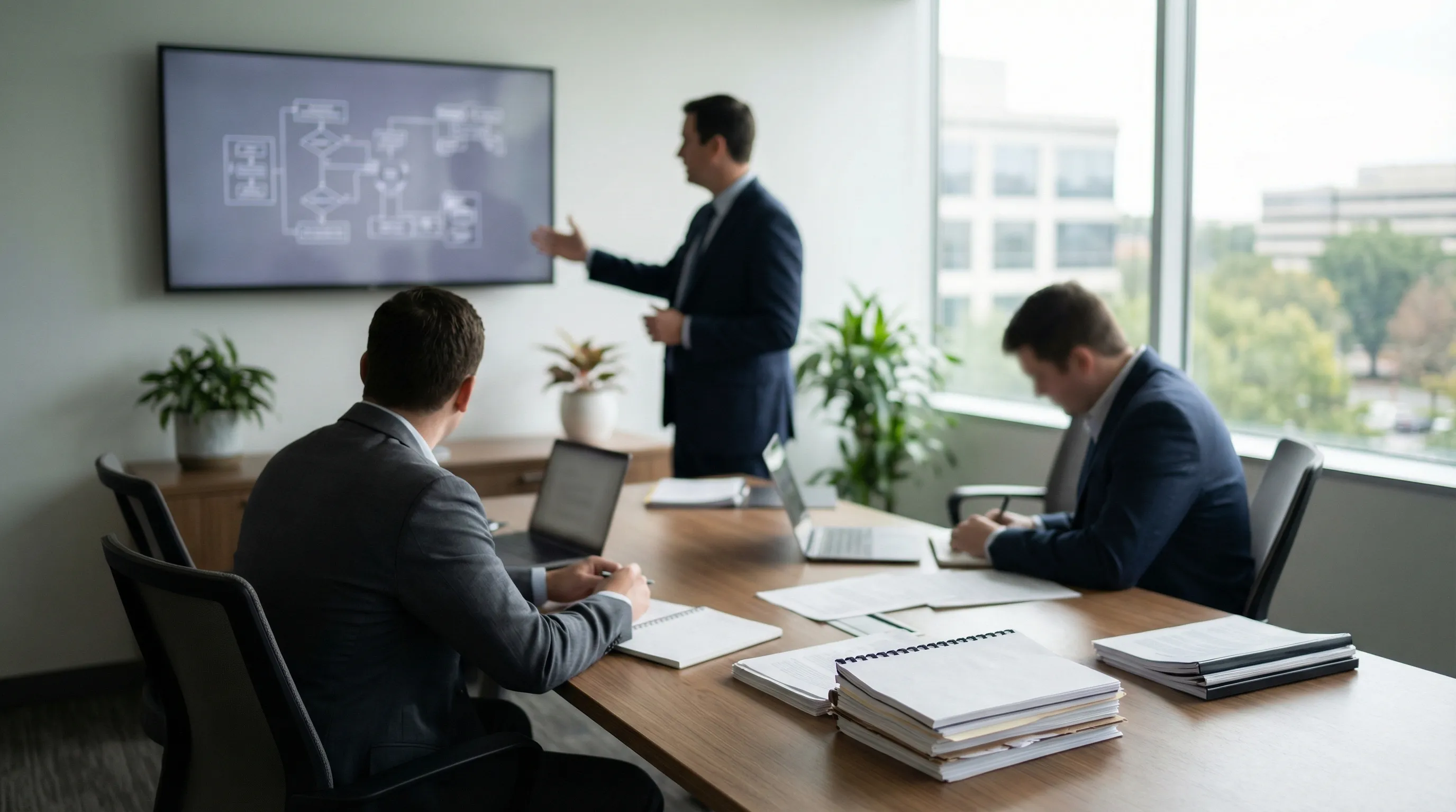 Interior of a government contracting consulting session in Arlington, VA with three professionals reviewing a DoD contract structure diagram on a wall-mounted screen
