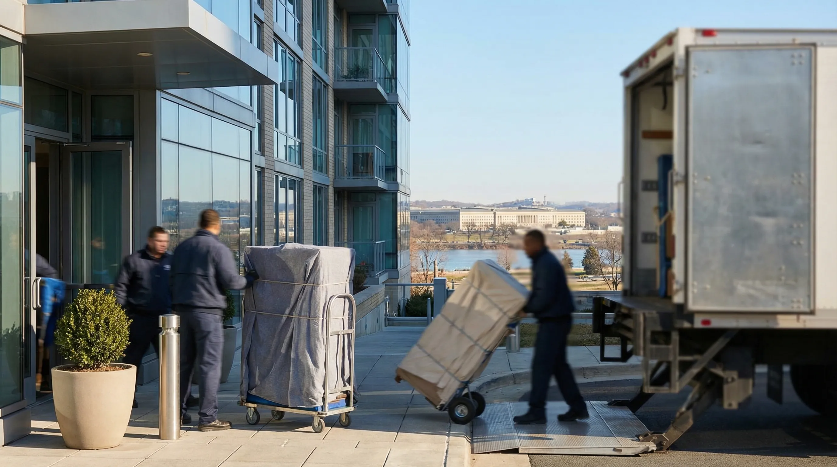 Professional moving crew in branded uniforms loading furniture from a modern Arlington high-rise apartment building with the Pentagon visible in the background