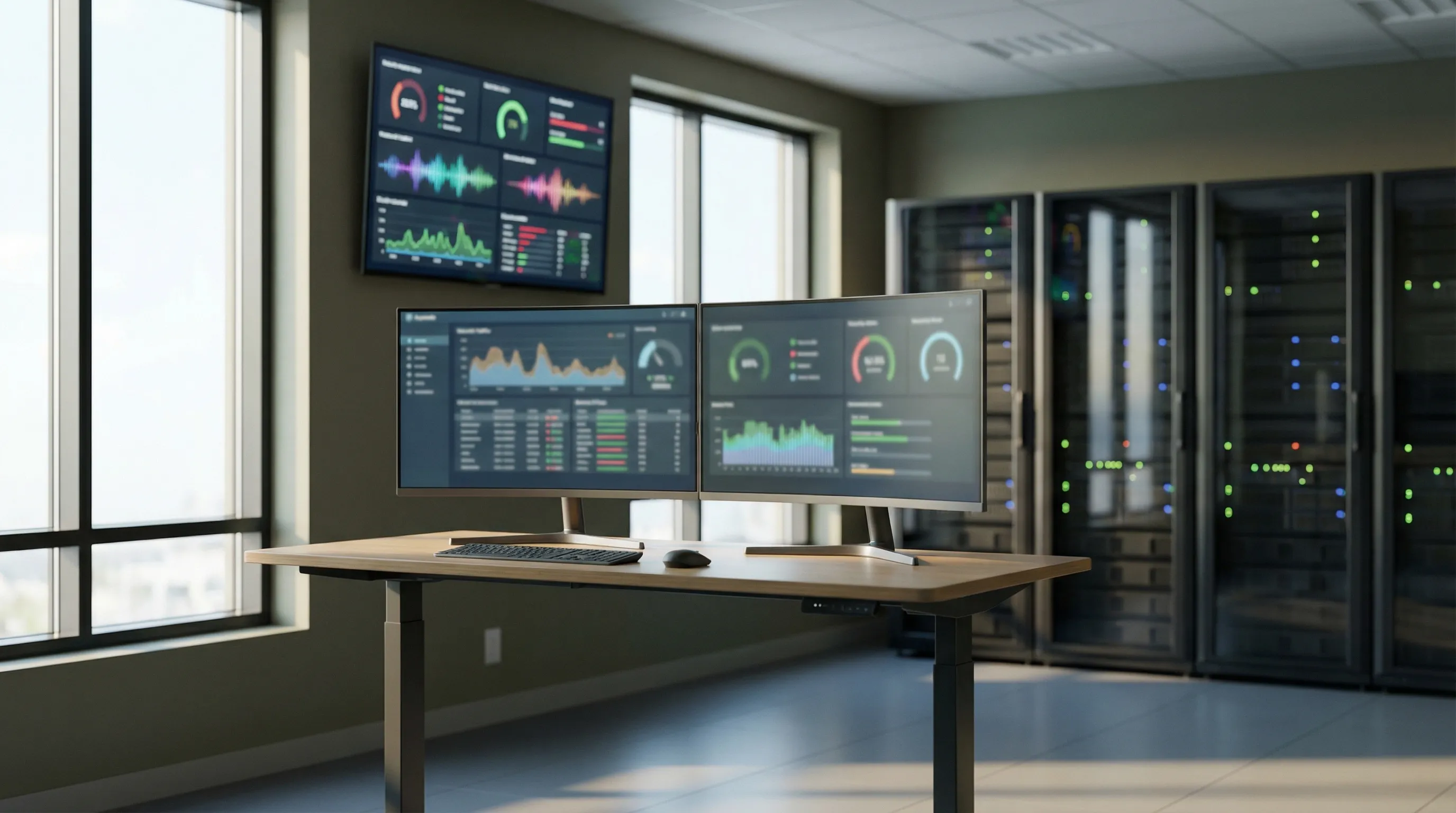 Clean server room and network operations center in an Arlington, VA managed IT firm with a cybersecurity analyst monitoring a dashboard showing CMMC-compliant client network health