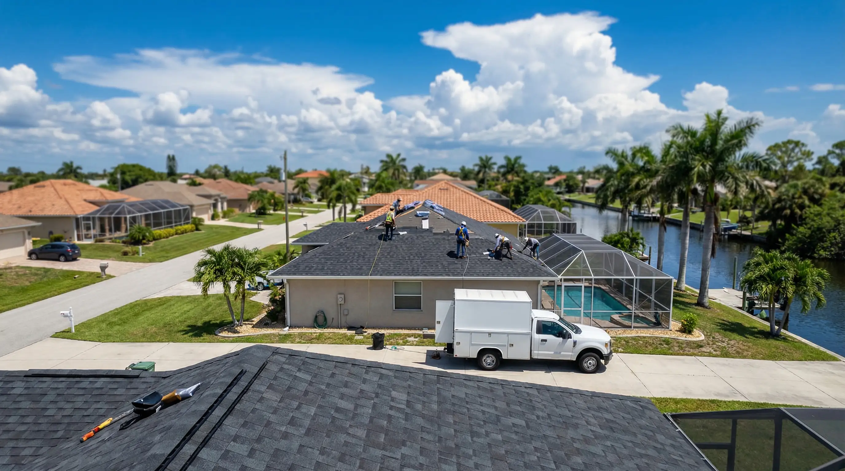 Professional roofing contractor inspecting storm damage on a residential home in Cape Coral, FL