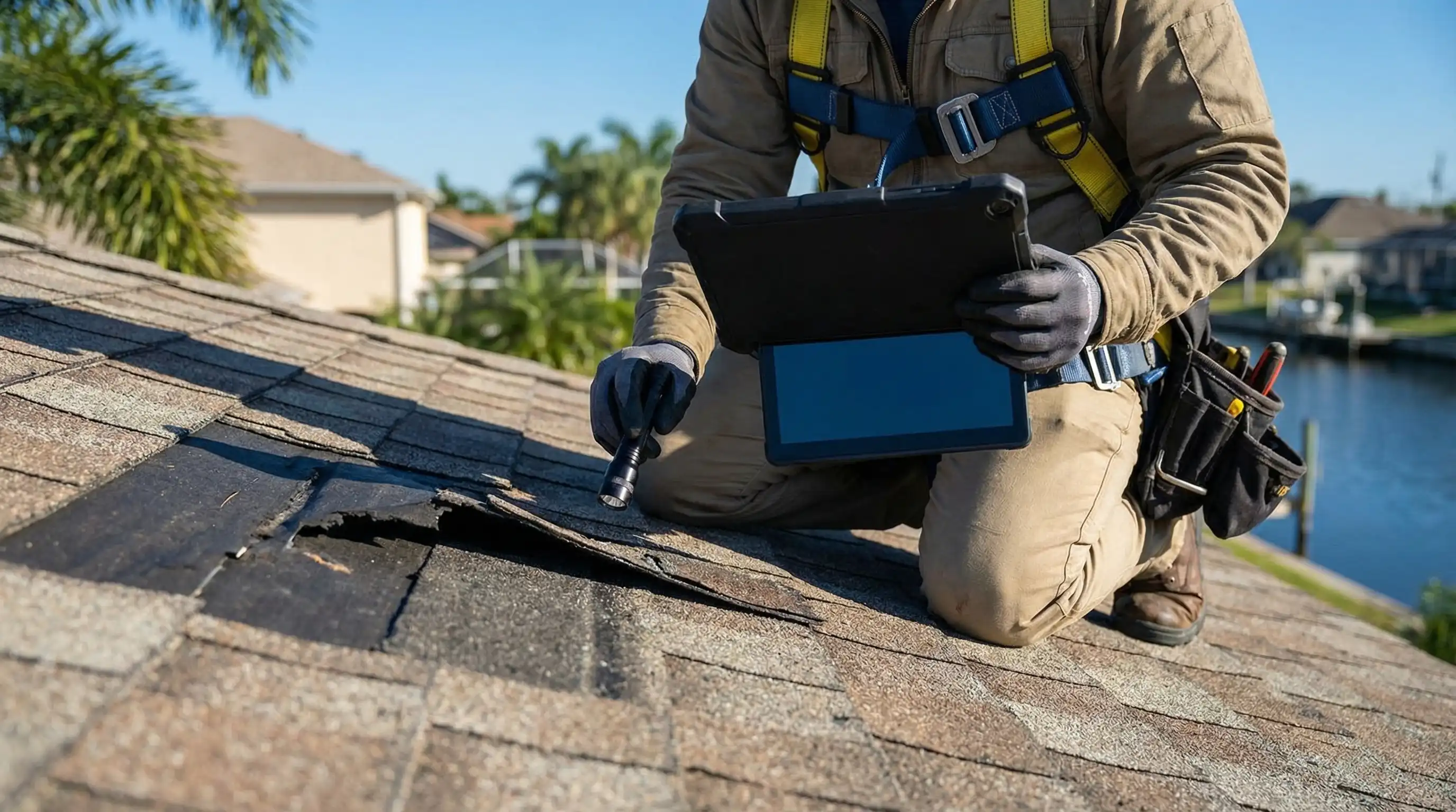 Professional roofing contractor inspecting storm damage on a residential home in Cape Coral, FL