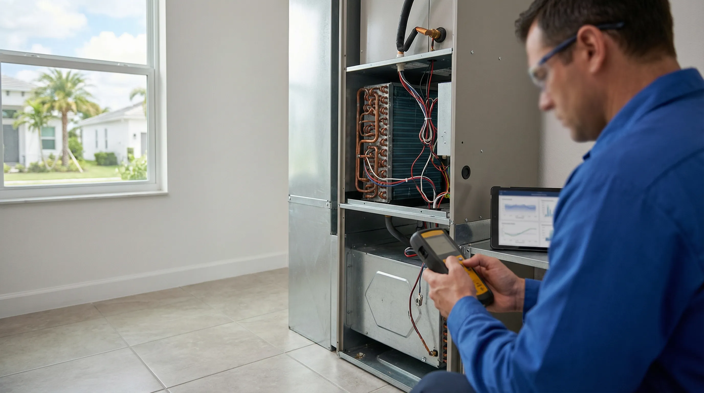 Professional HVAC technician installing a new air conditioning unit at a residential home in Cape Coral, FL