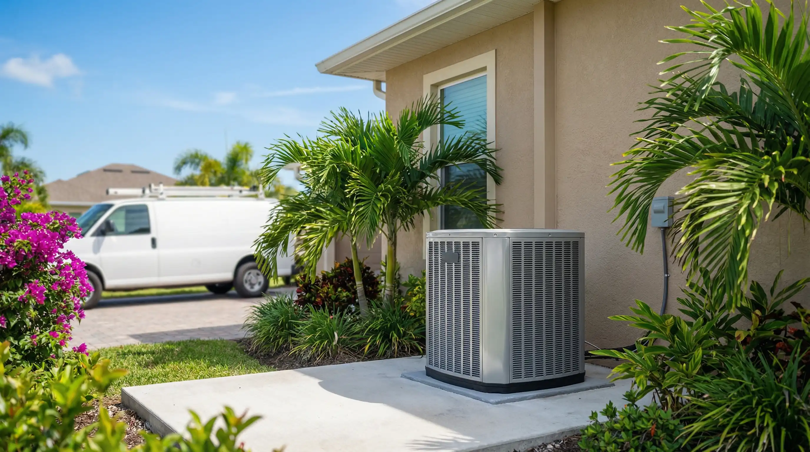 Professional HVAC technician installing a new air conditioning unit at a residential home in Cape Coral, FL