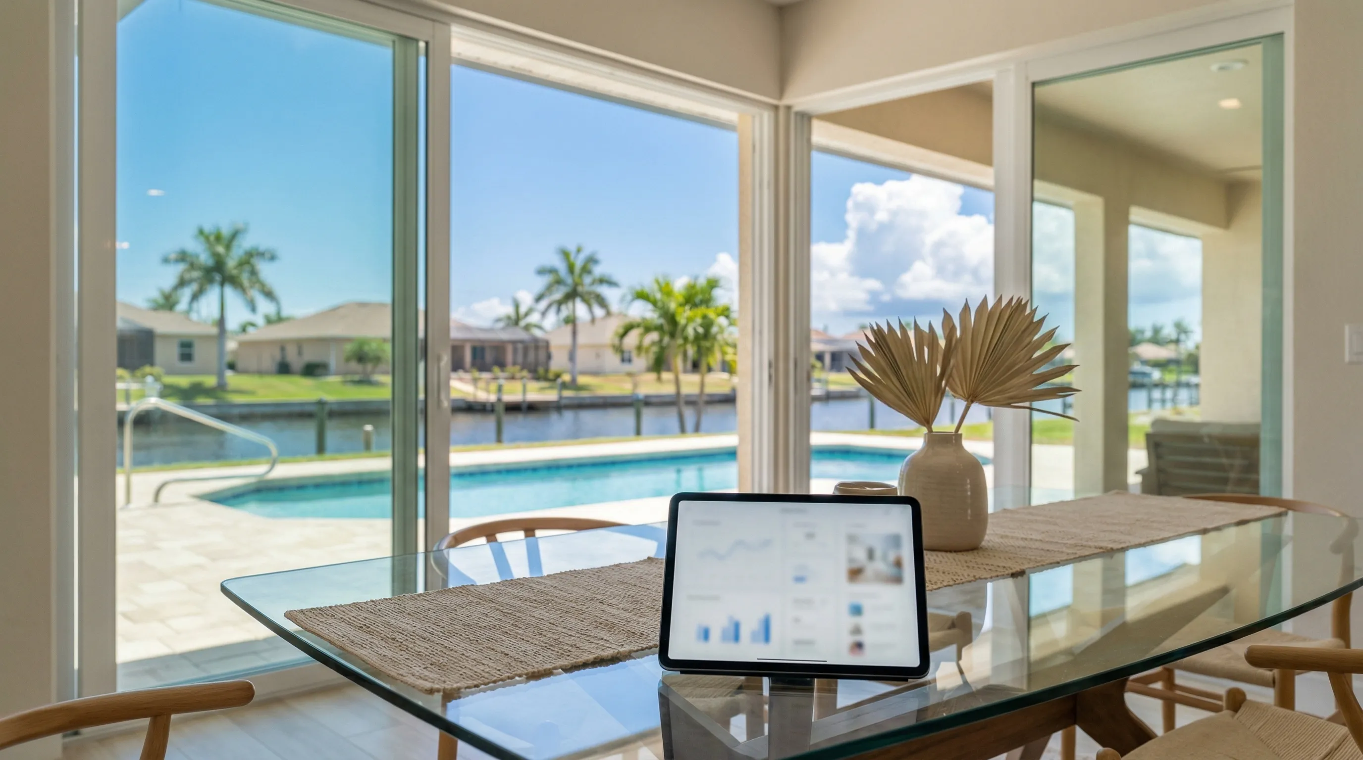 Professional real estate agent showing a canal-front home to a couple in Cape Coral, FL