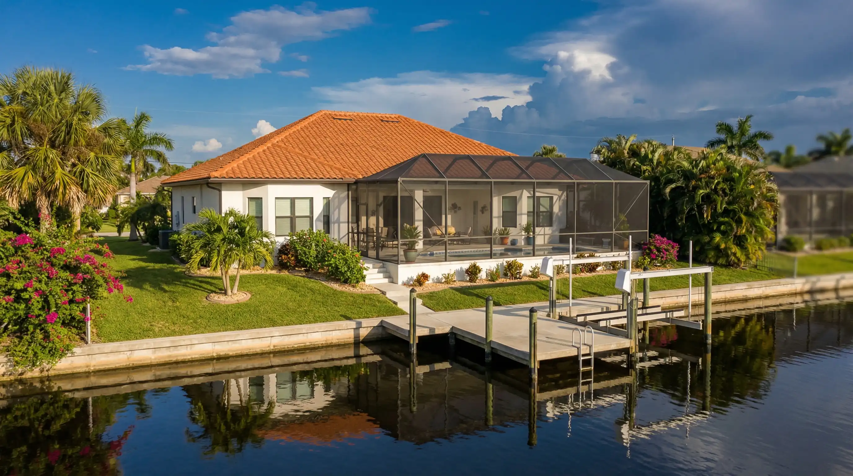 Professional real estate agent showing a canal-front home to a couple in Cape Coral, FL