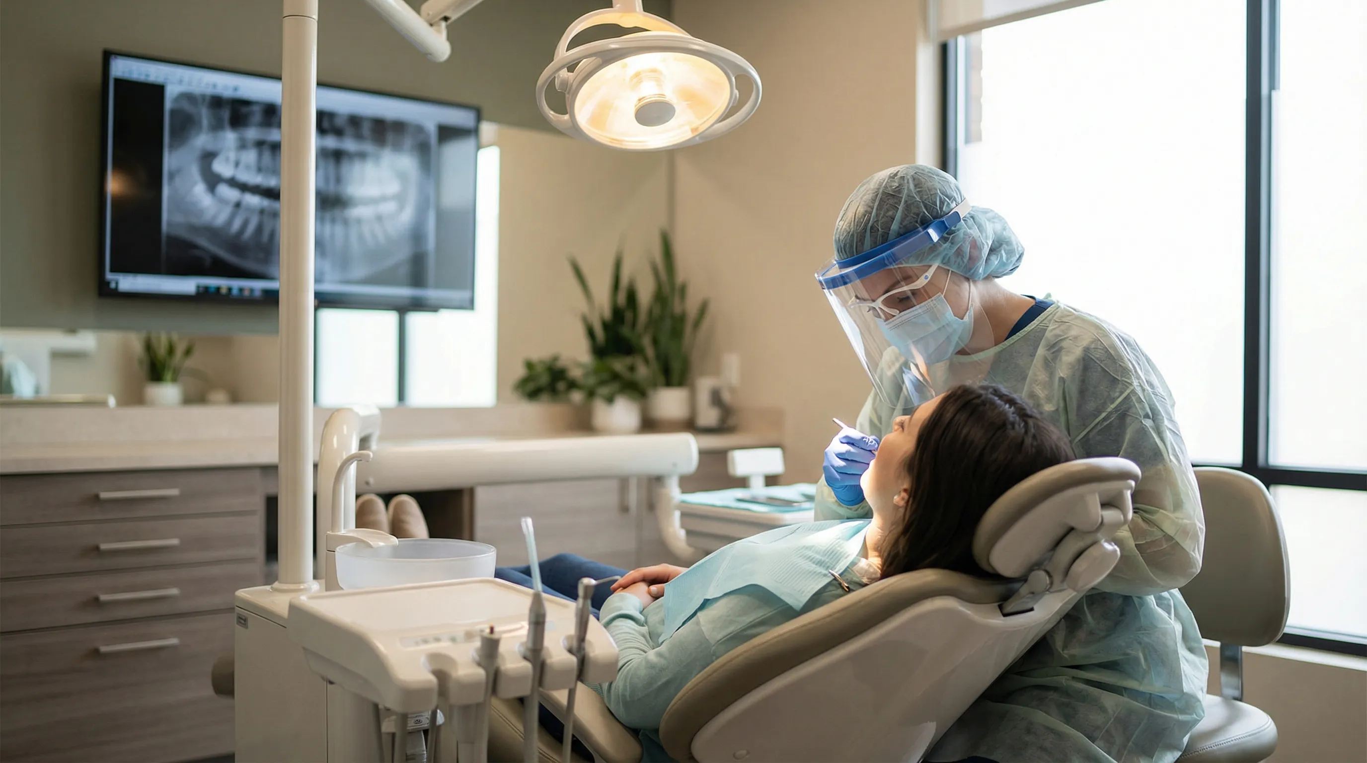 Professional dental reception area in Cape Coral, FL — modern coastal office with natural light and a welcoming dental receptionist greeting new patients