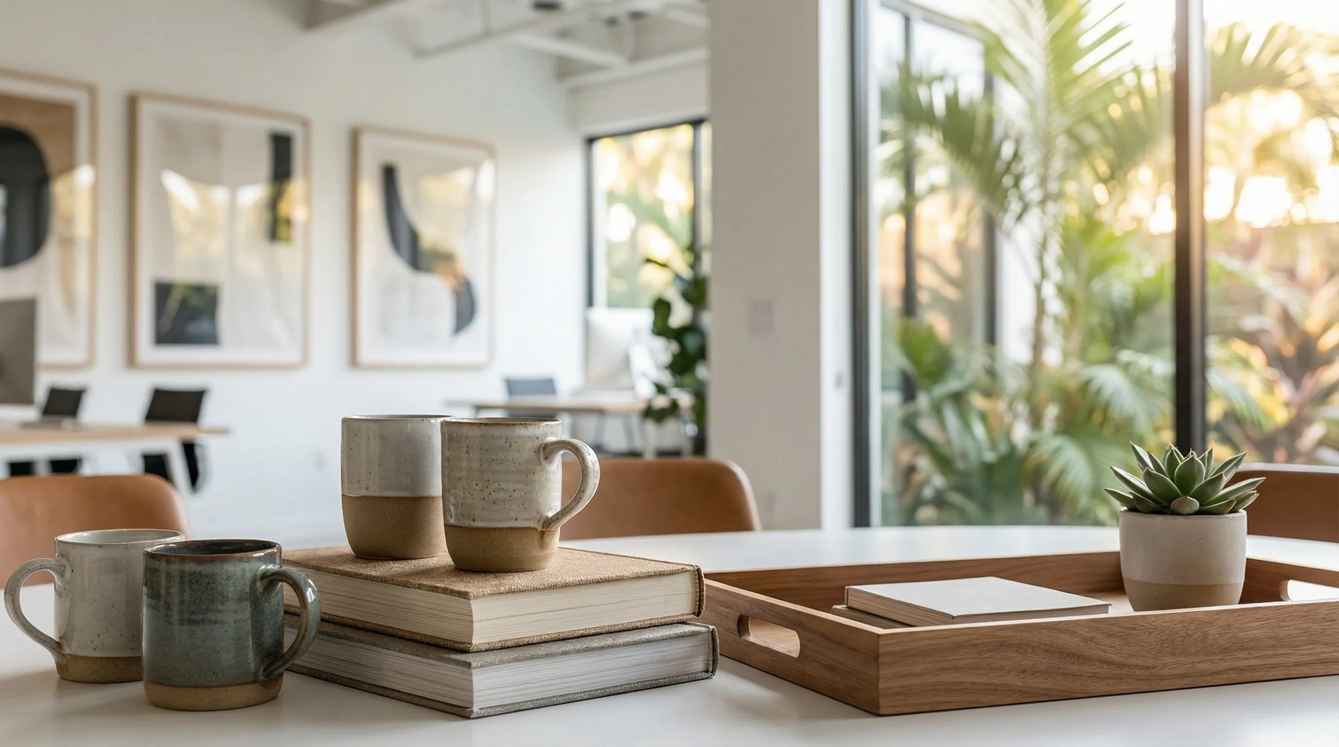 Professional caregiver walking alongside an elderly woman outside a Cape Coral stucco home with tropical landscaping and afternoon light