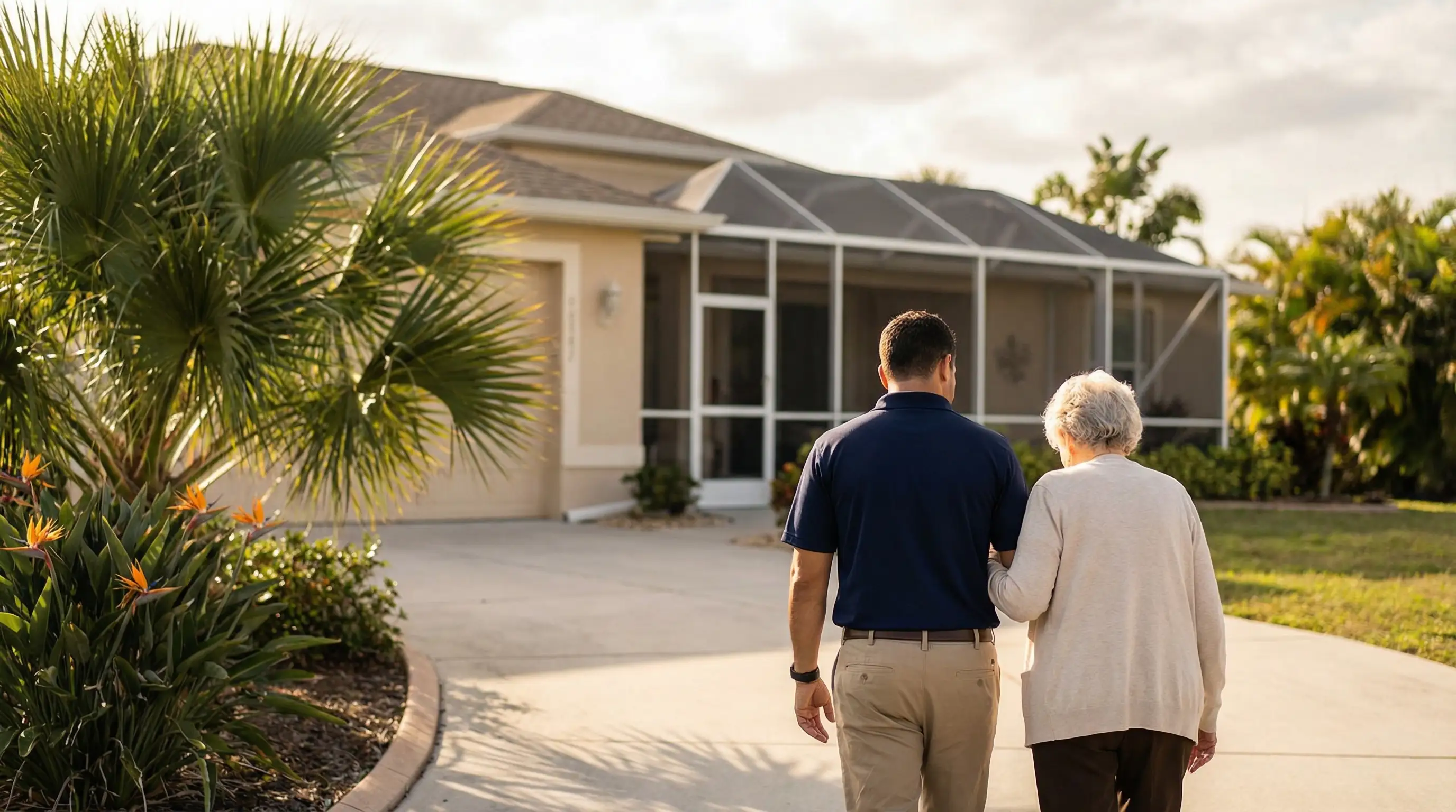 Professional caregiver walking alongside an elderly woman outside a Cape Coral stucco home with tropical landscaping and afternoon light