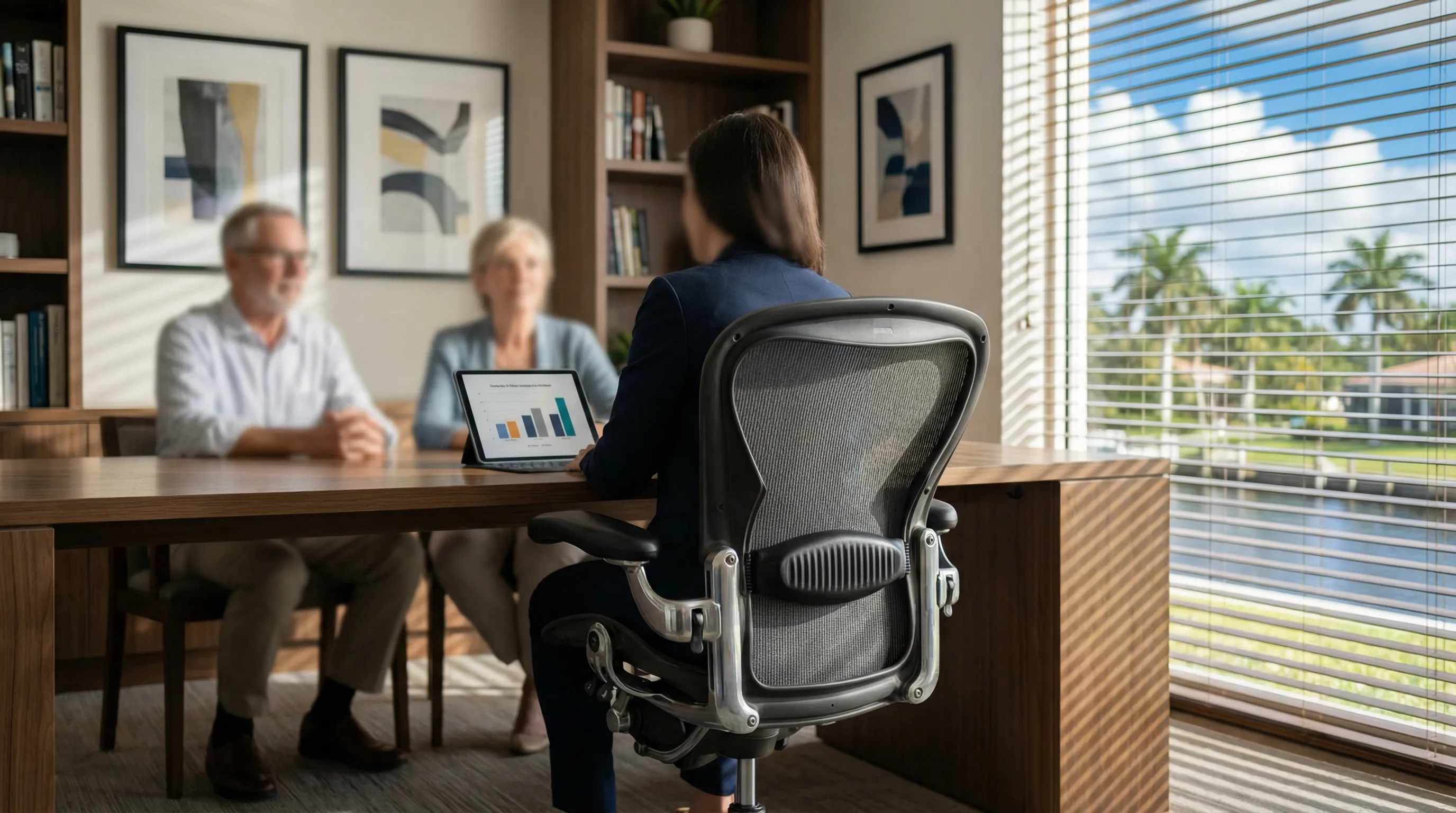 Professional insurance agent in business attire at Cape Coral office entrance with Florida blue sky and palm trees in background