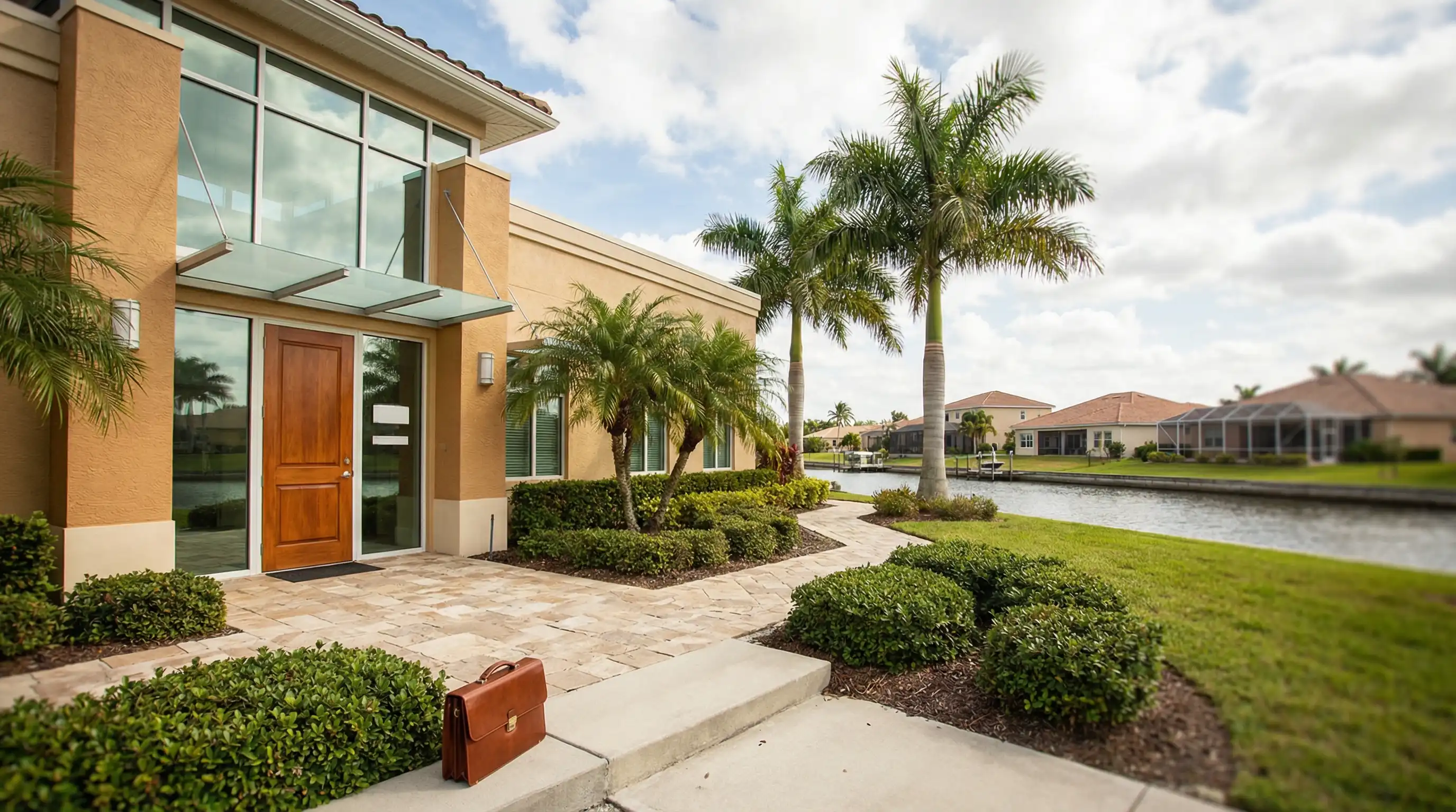 Professional insurance agent in business attire at Cape Coral office entrance with Florida blue sky and palm trees in background