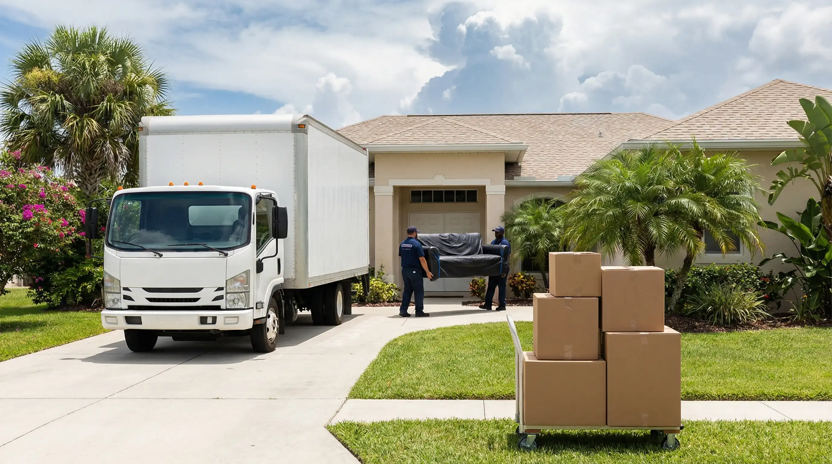 Professional moving truck with uniformed movers carrying furniture into a Cape Coral stucco home with tropical landscaping and blue Florida sky