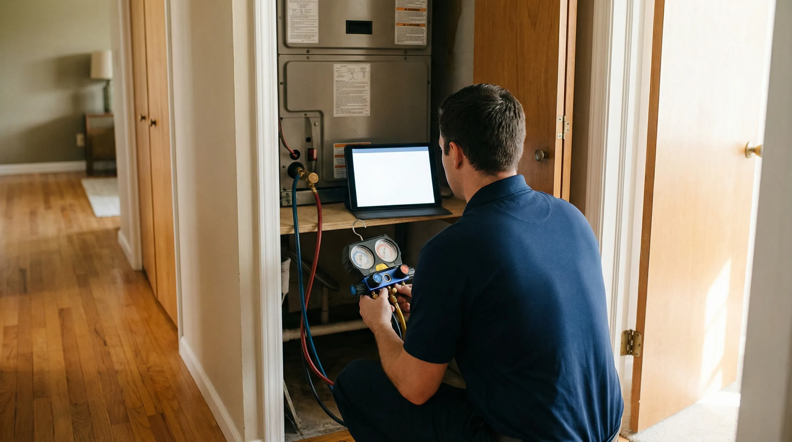 HVAC technician servicing air handler unit inside a mid-century Columbus, GA home