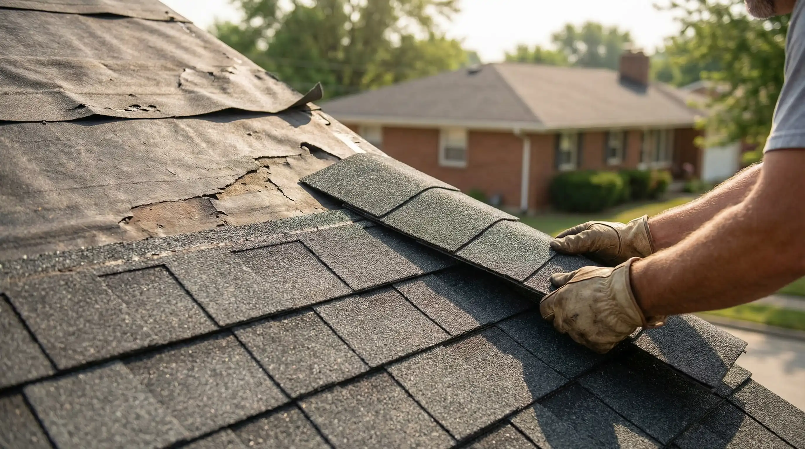 Roofing crew installing new asphalt shingles on a brick ranch home in Columbus, GA under a dramatic Georgia sky