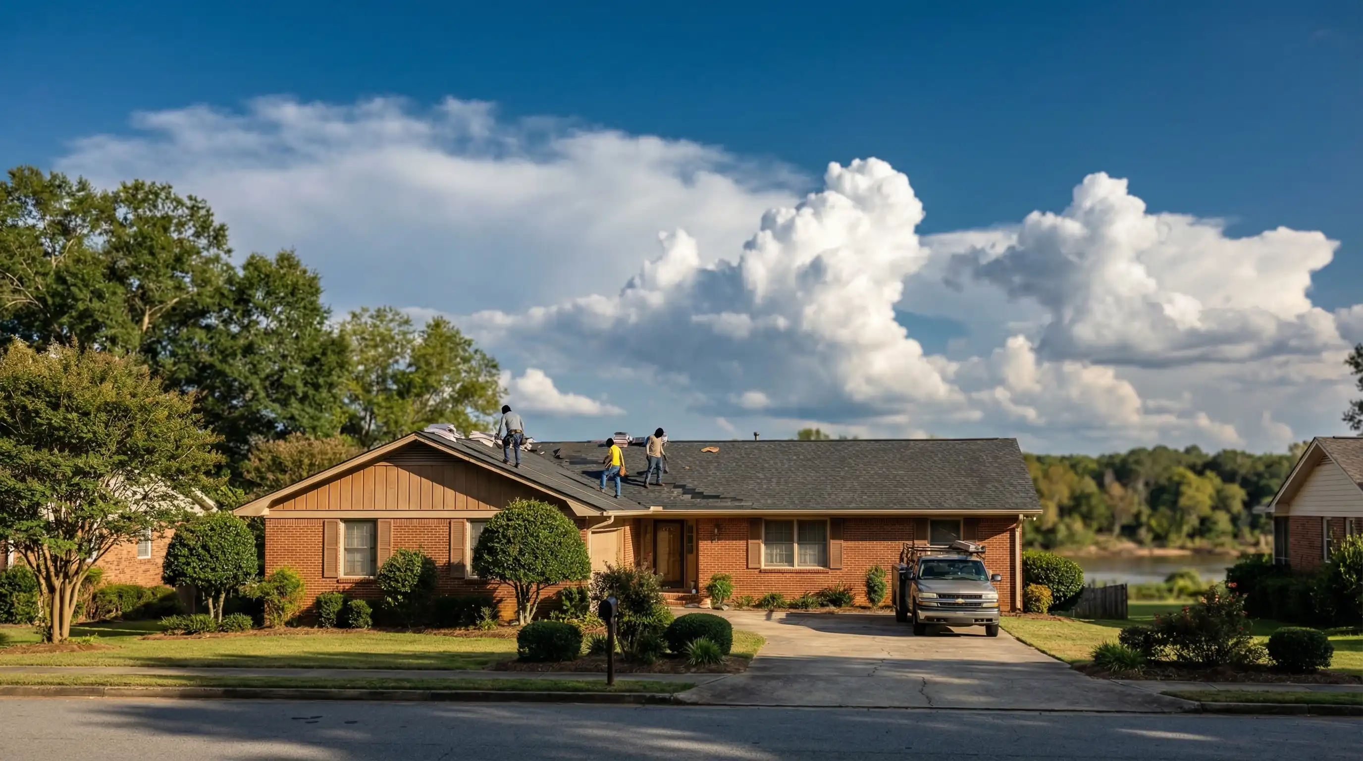 Roofing crew installing new asphalt shingles on a brick ranch home in Columbus, GA under a dramatic Georgia sky