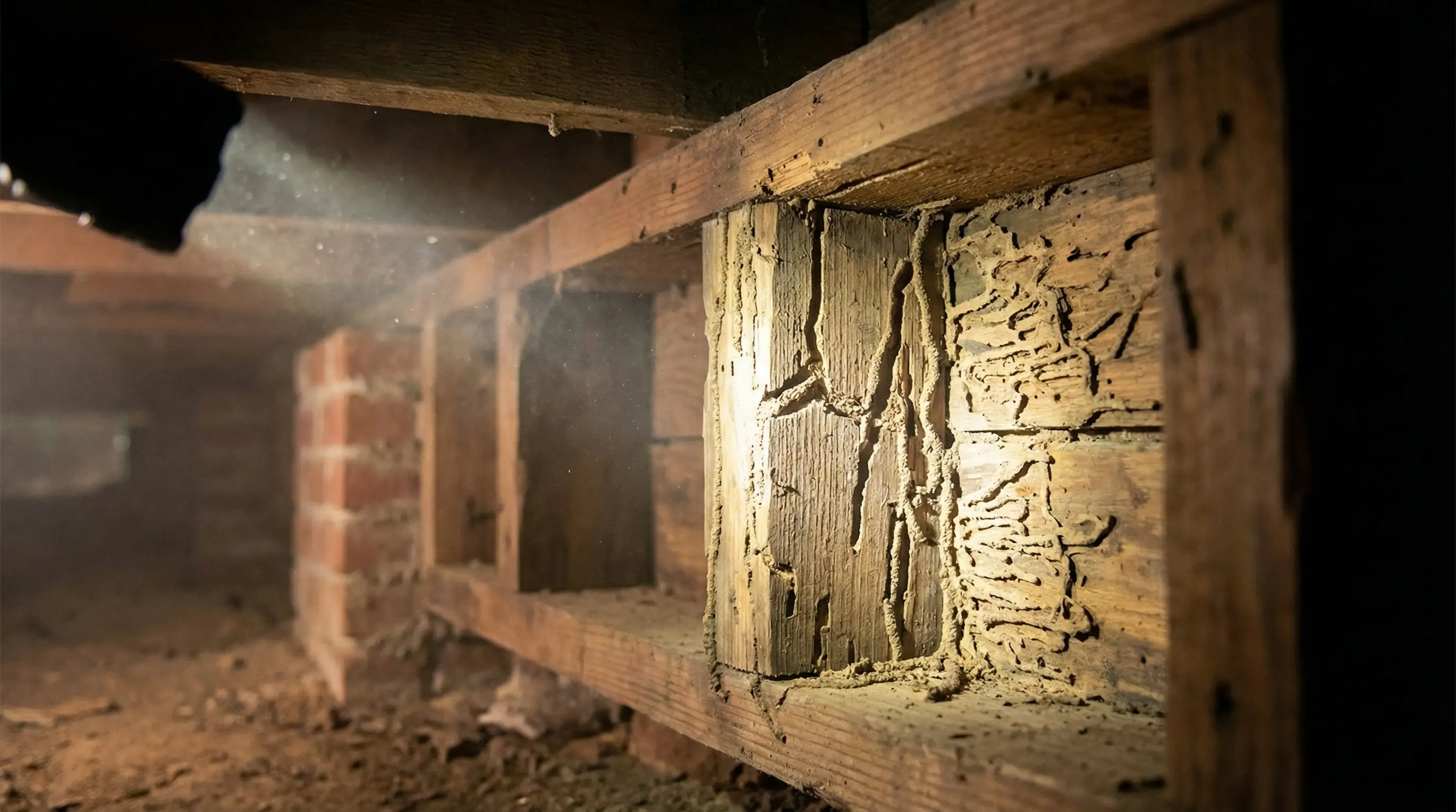 Pest control technician spraying foundation perimeter of a brick home in Columbus, GA backyard on a sunny afternoon