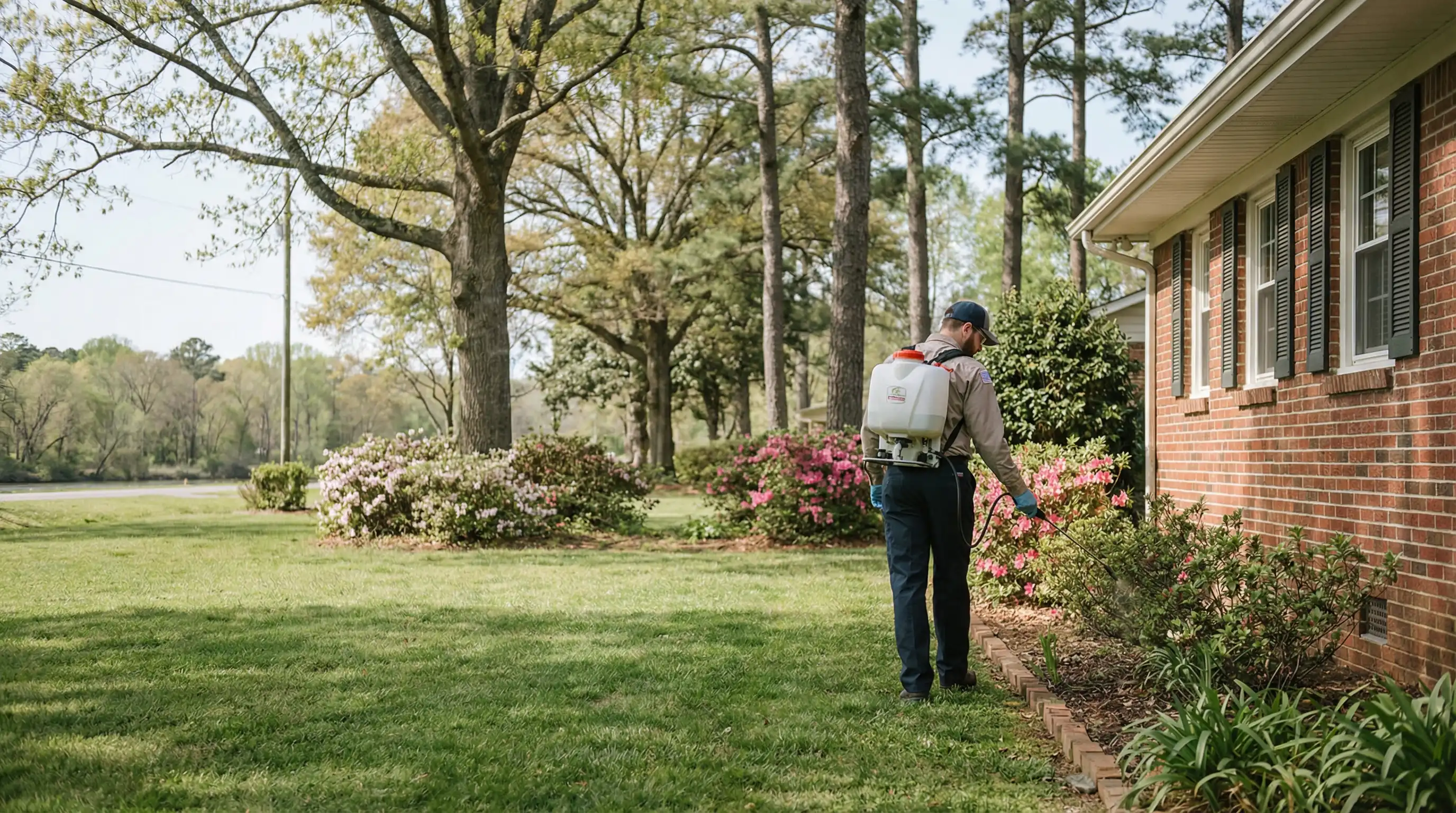 Pest control technician spraying foundation perimeter of a brick home in Columbus, GA backyard on a sunny afternoon