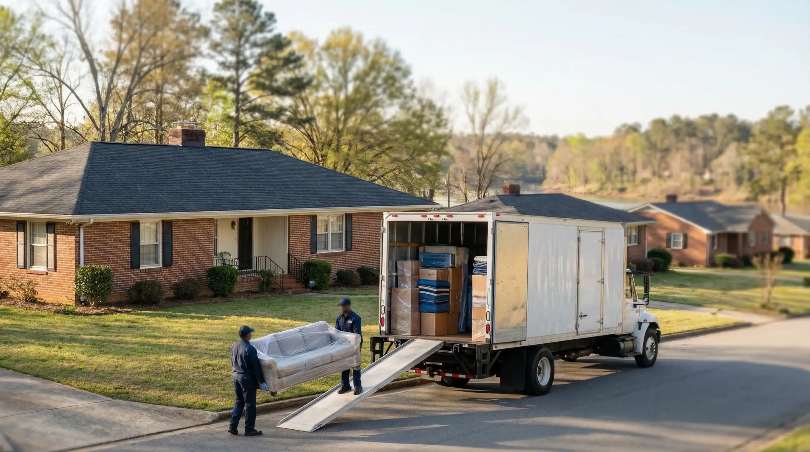 Professional moving crew carefully loading furniture into a branded moving truck in front of a Columbus, GA brick home