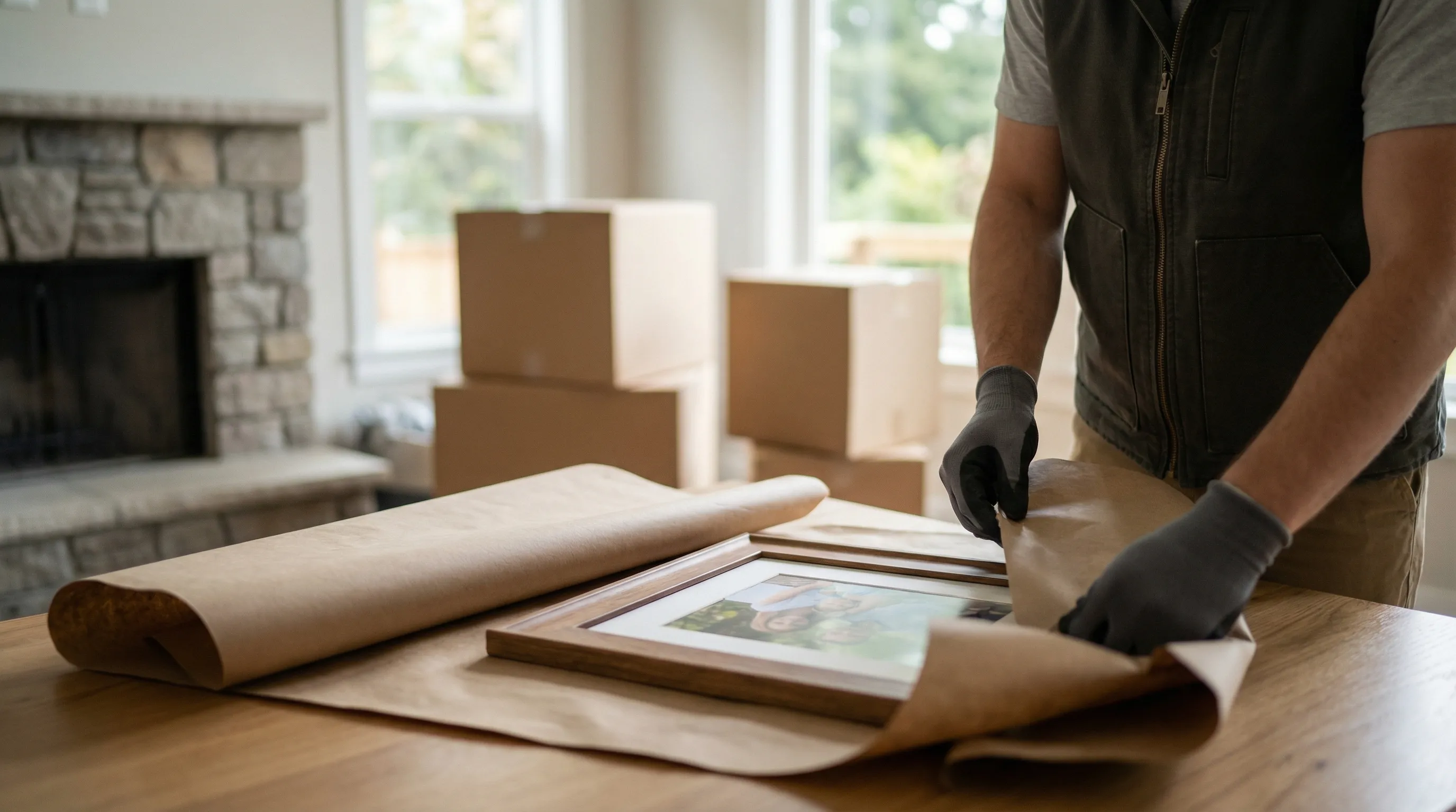 Professional moving crew carefully loading furniture into a branded moving truck in front of a Columbus, GA brick home
