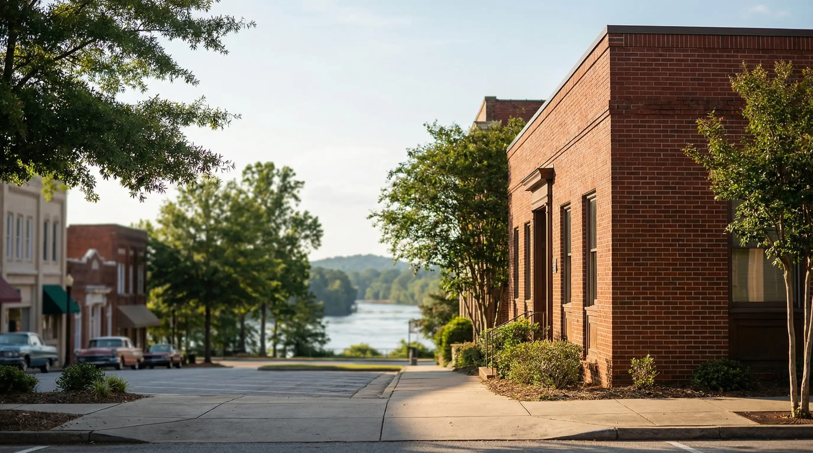 Attorney consultation at a wooden conference table in a Columbus, GA law office with legal briefs and city view