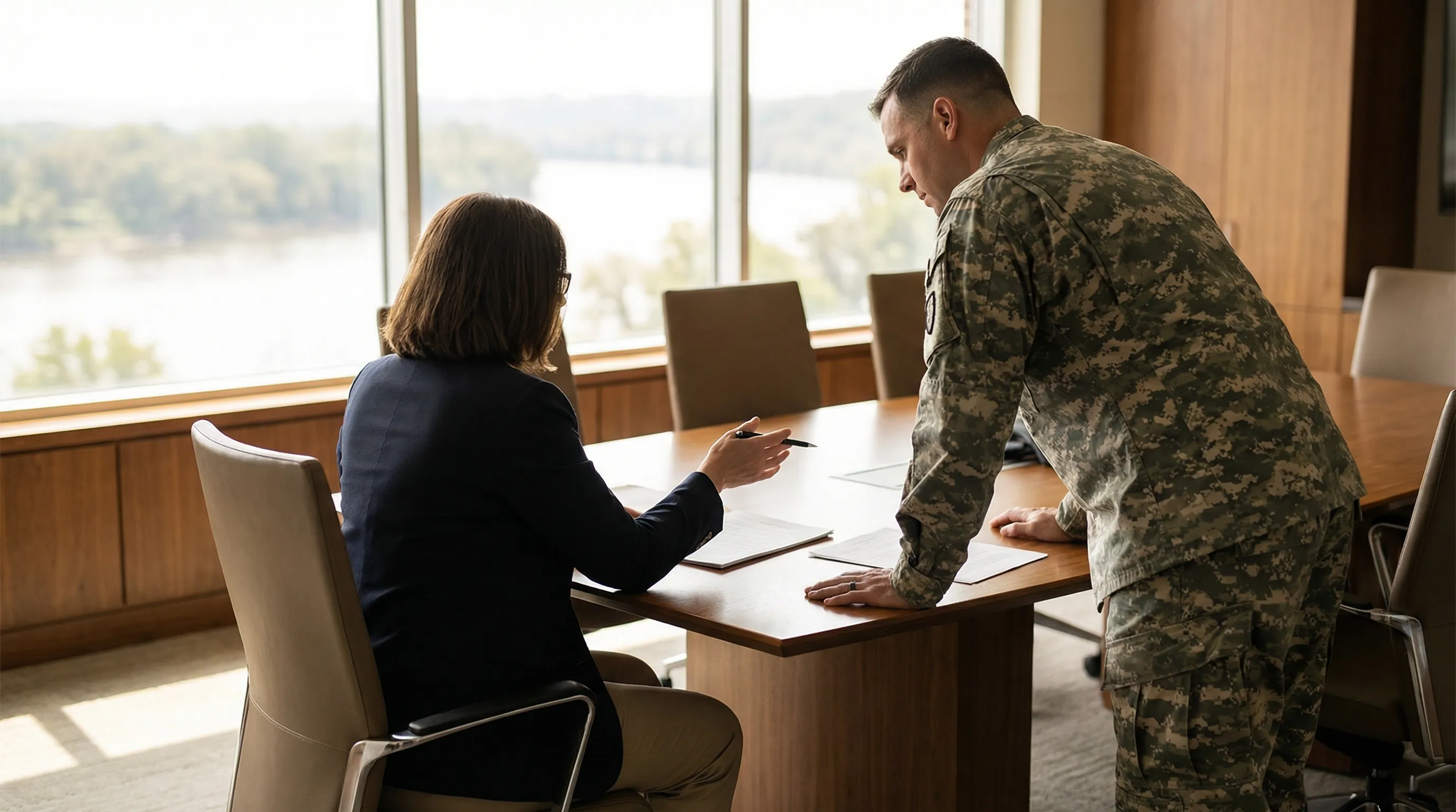 Attorney consultation at a wooden conference table in a Columbus, GA law office with legal briefs and city view