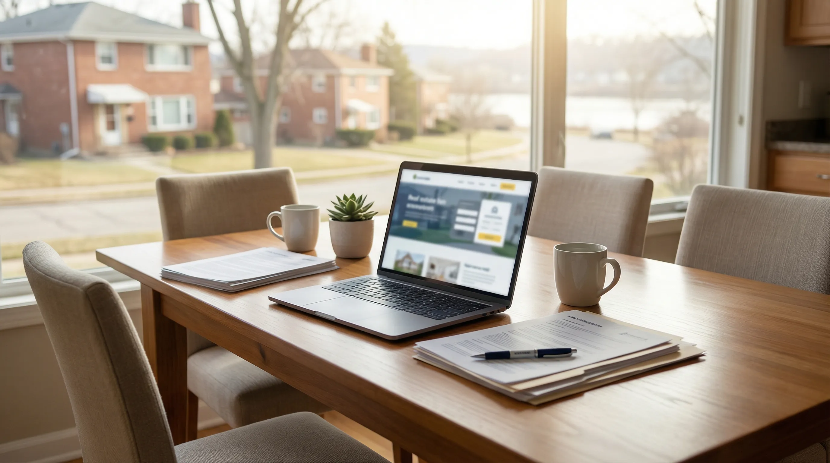 Military couple reviewing home listing with real estate agent at kitchen table near Fort Benning, Columbus, GA